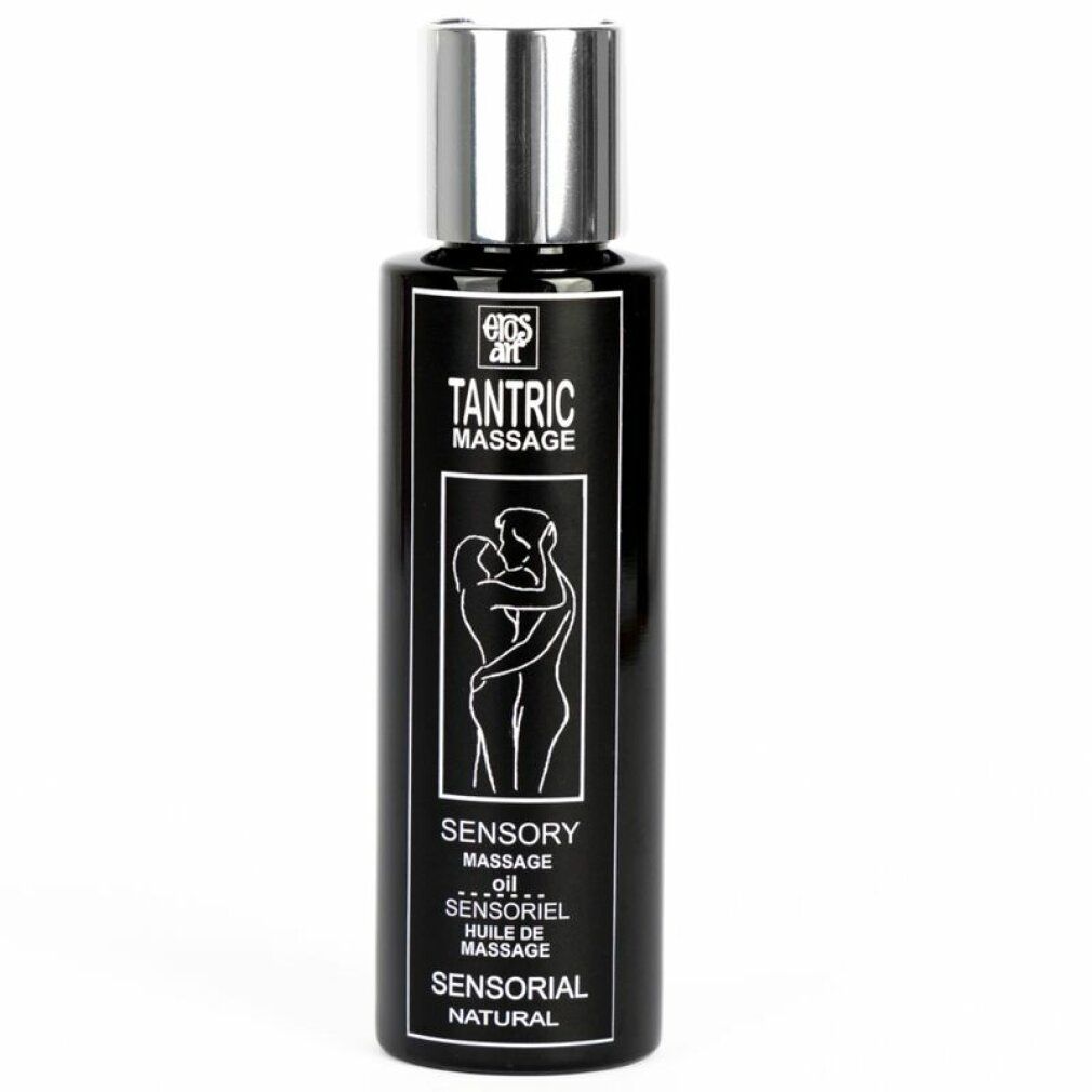 Flacone nero con tappo argentato. Scritta: Tantric Massage, Sensory Massage Oil. Illustrazione di due persone.