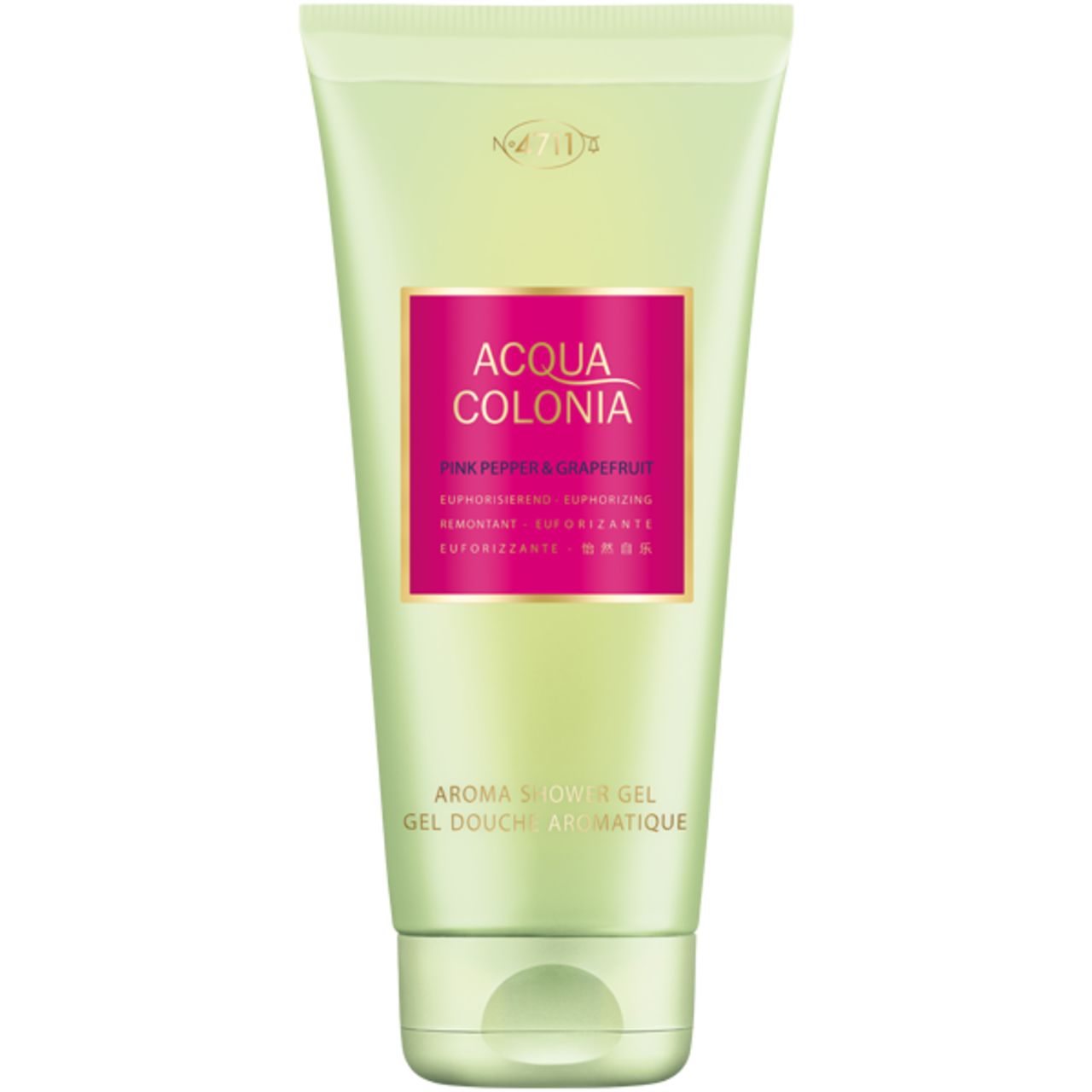 Tubo verde con etichetta rosa. Testo: Acqua Colonia, Pink Pepper & Grapefruit, Aroma Shower Gel.