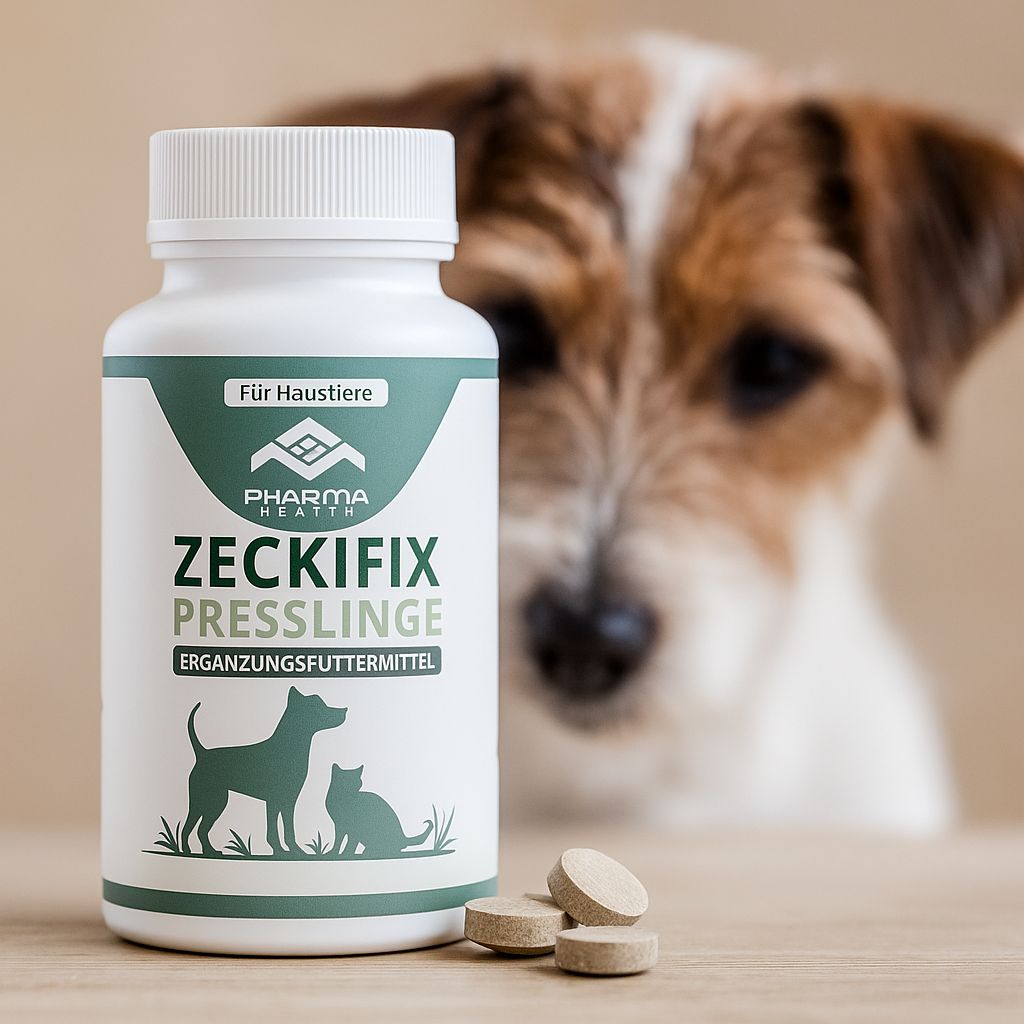 Flacone bianco con etichetta verde e compresse accanto. Scritta: Zeckifix Presslinge, Pharma Health. Cane sullo sfondo.