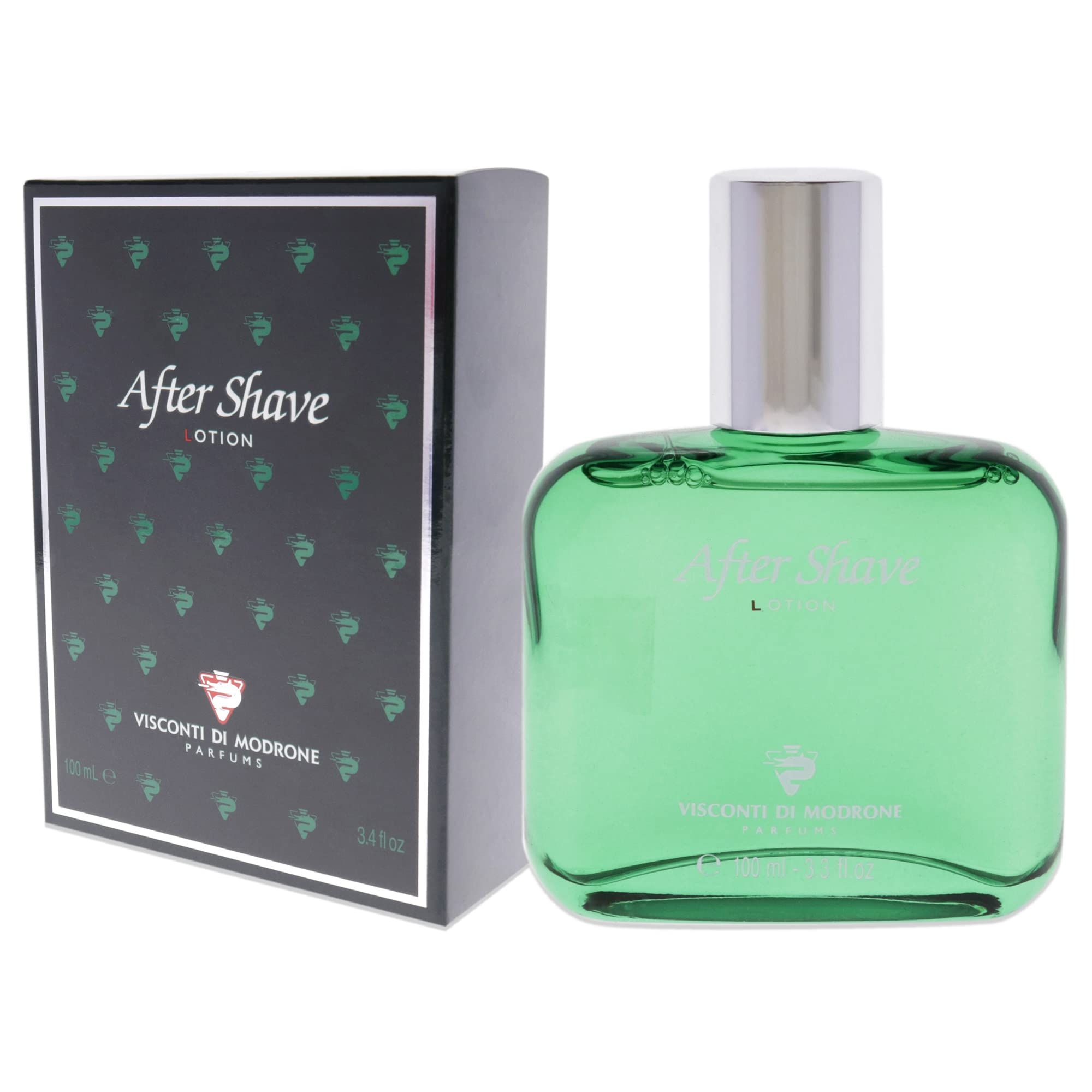 Flacone in vetro verde con tappo argentato e scatola. Scritta After Shave Lotion e Visconti di Modrone.