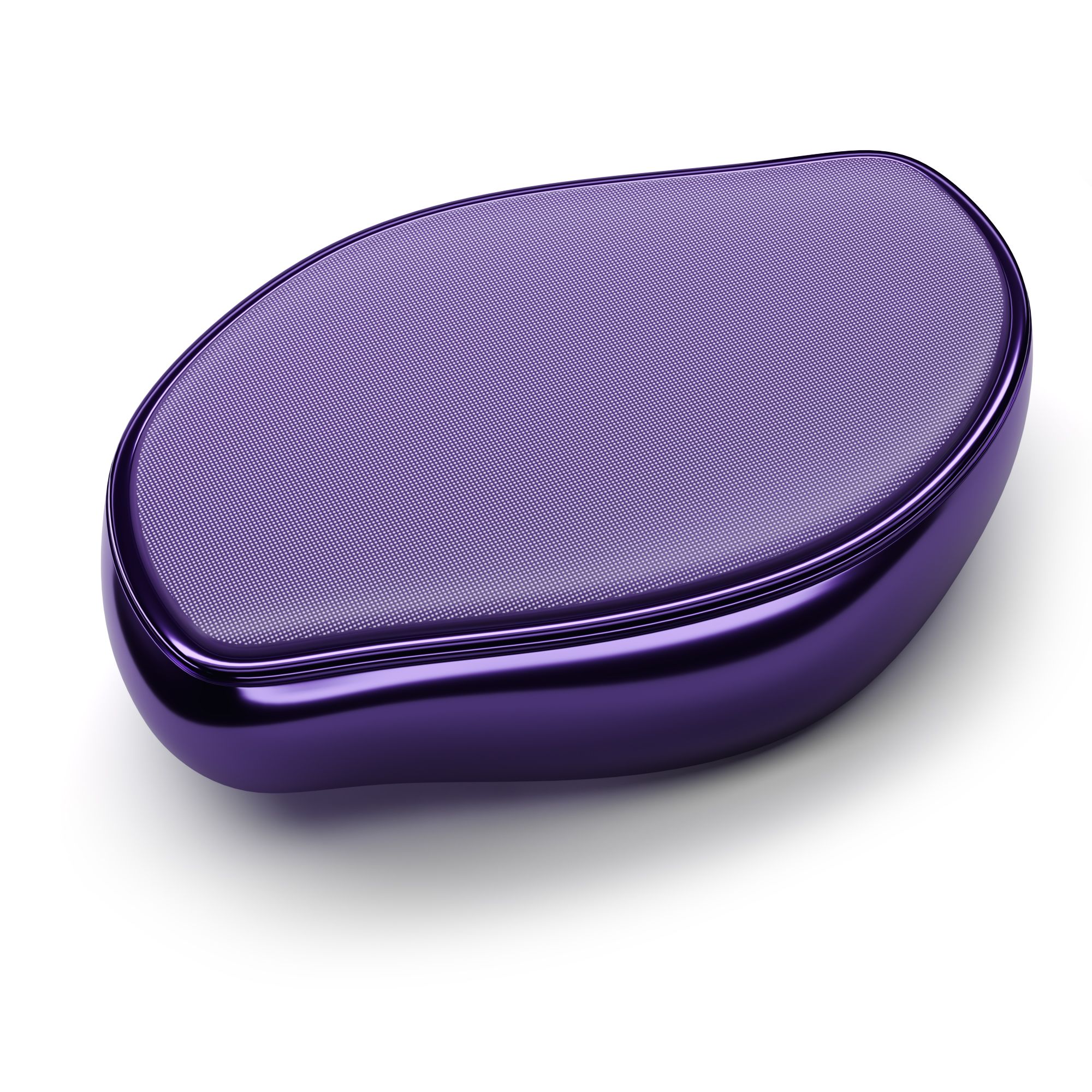 Un singolo rasoio viola con una superficie strutturata. Forma ovale con bordo lucido.