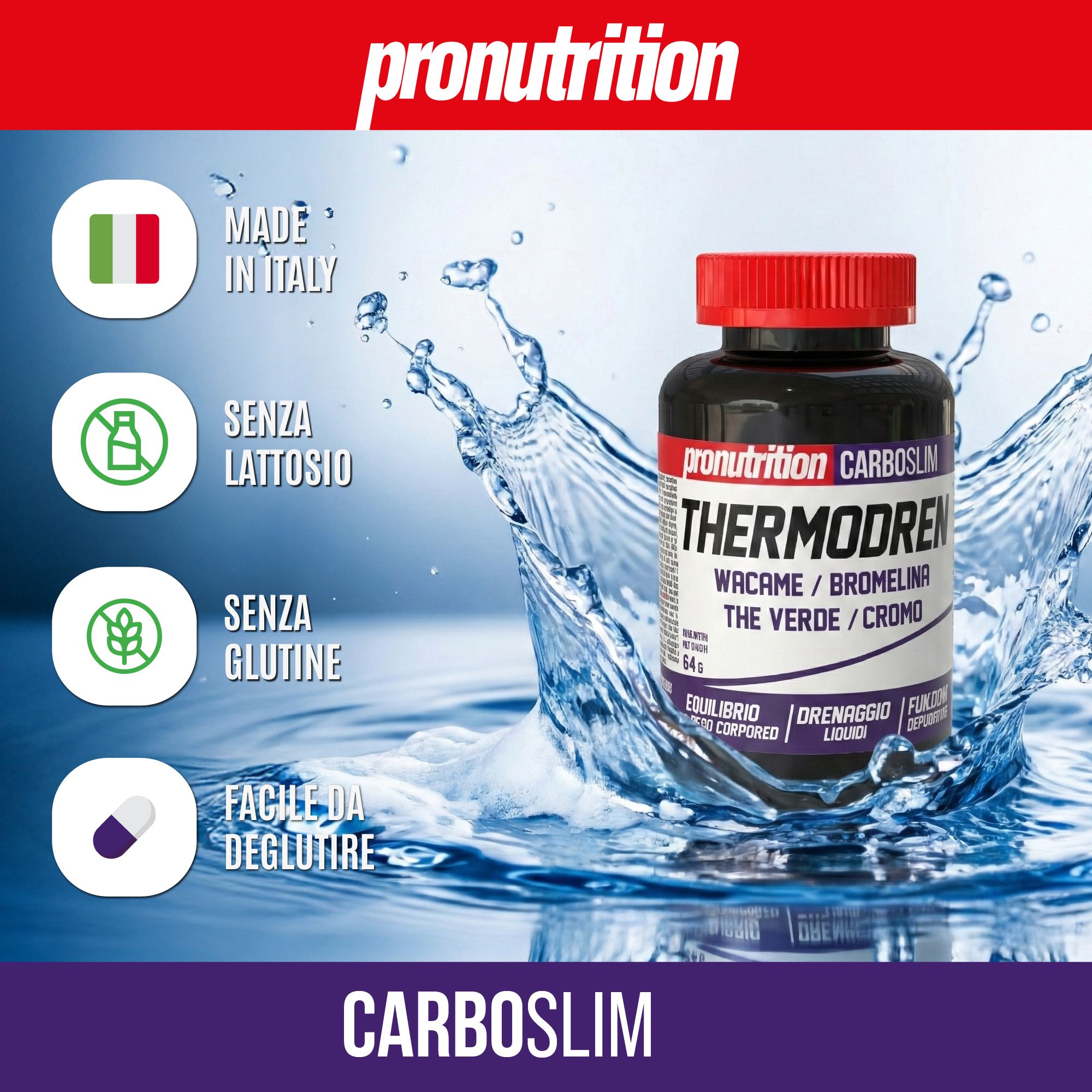 Flacone nero con tappo rosso. Scritta THERMODREN. Con acqua e icone. Scritta CARBOSLIM.