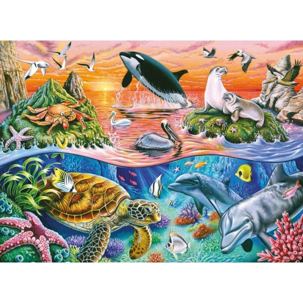Puzzle Schöner Ozean, scena sottomarina. Orca che salta, tartaruga, delfini, foche, pesci. Senza confezione.