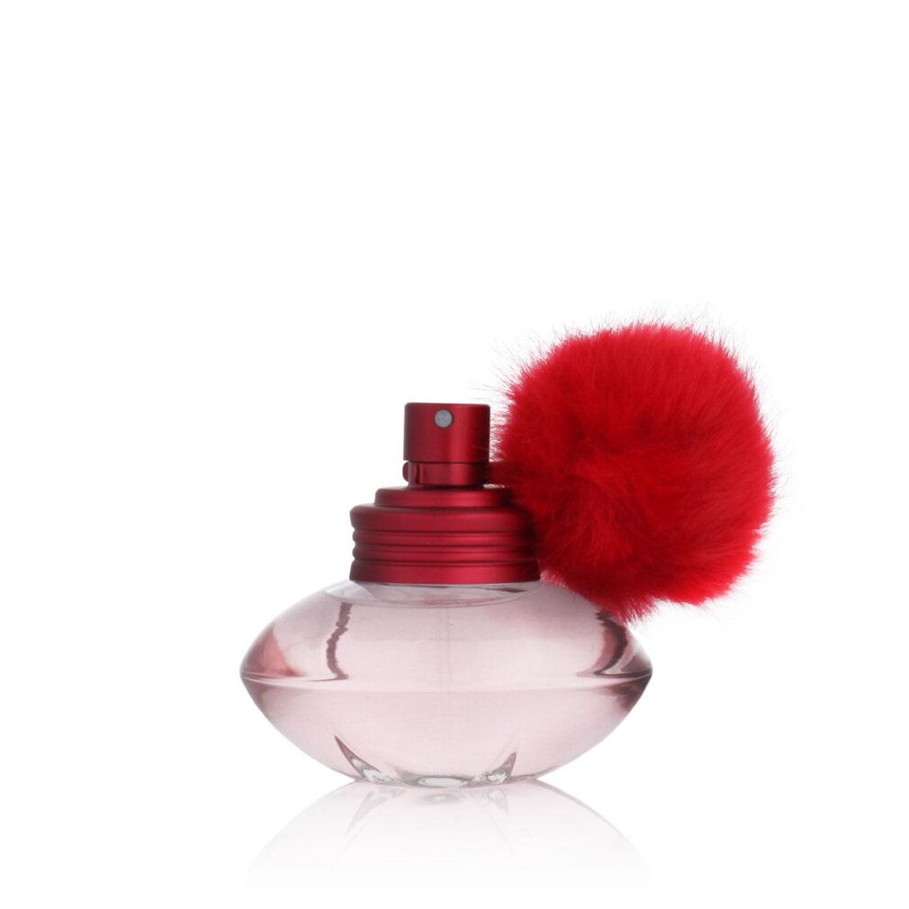 Spray Eau de Toilette rosa con pompon rosso. Vaporizzatore e tappo rossi. Flacone dalla forma arrotondata.