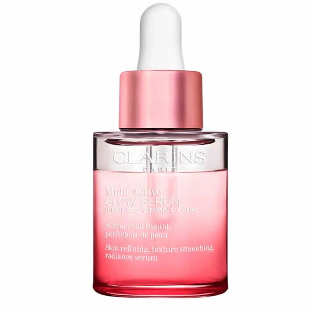 Flacone di siero rosa con contagocce bianco. Testo: Clarins, Multi Active Glow Serum, Skin refining, texture smoothing, radiance serum.
