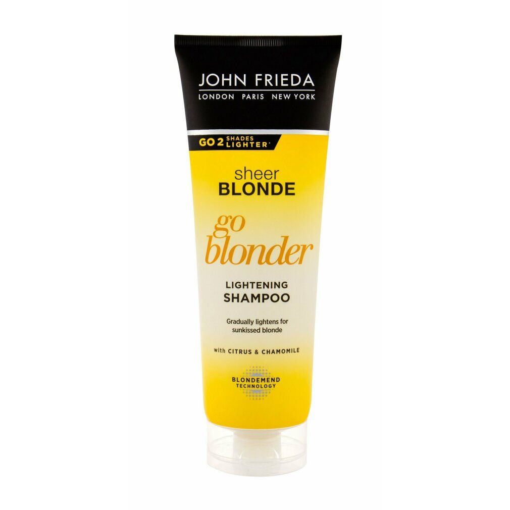 Shampoo John Frieda Sheer Blonde Go Blonder. Tubo giallo con tappo nero. Nome e logo del prodotto ben visibili.