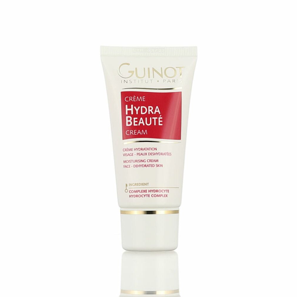 Tubo crema Guinot. Scritta: Crème Hydra Beauté Cream. Per pelli disidratate. Contiene Hydrocyte Complex.