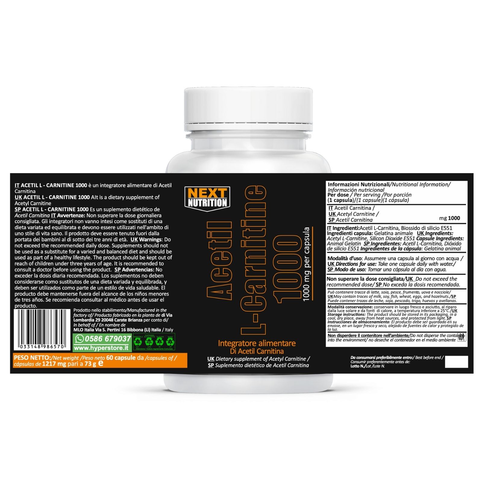 Retro di un flacone di Acetil L-Carnitina 1000 mg con informazioni nutrizionali e codice a barre.