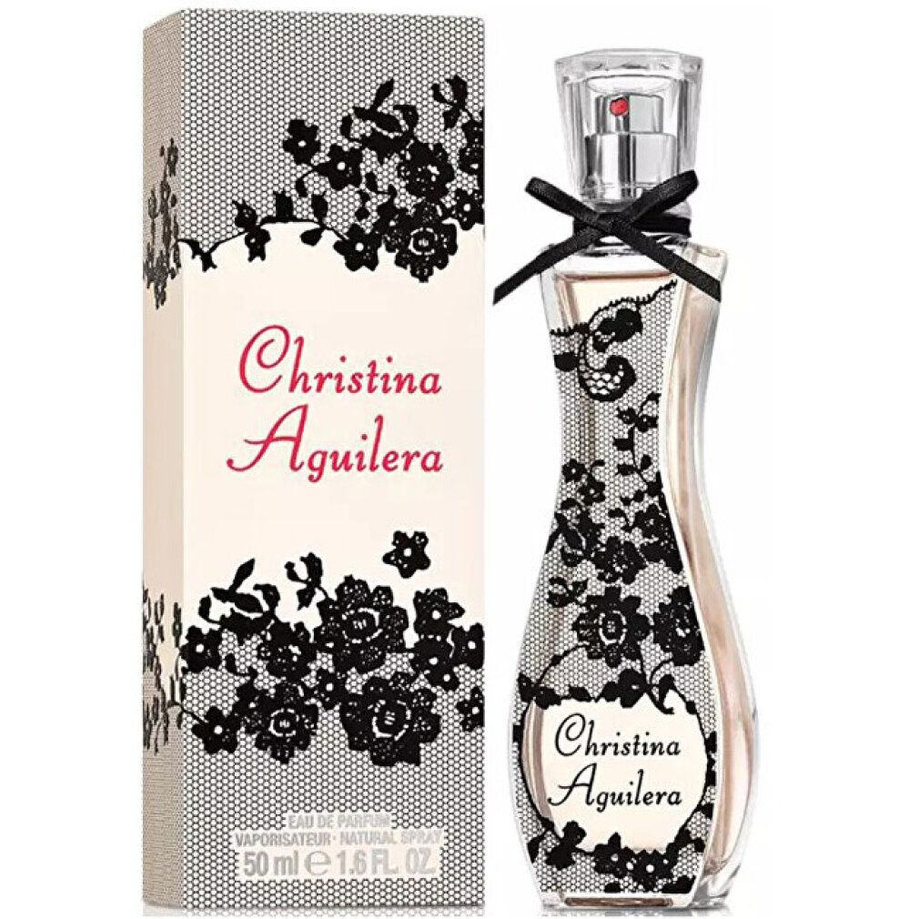 Flacone e confezione di Eau de Parfum Christina Aguilera con pizzo nero.