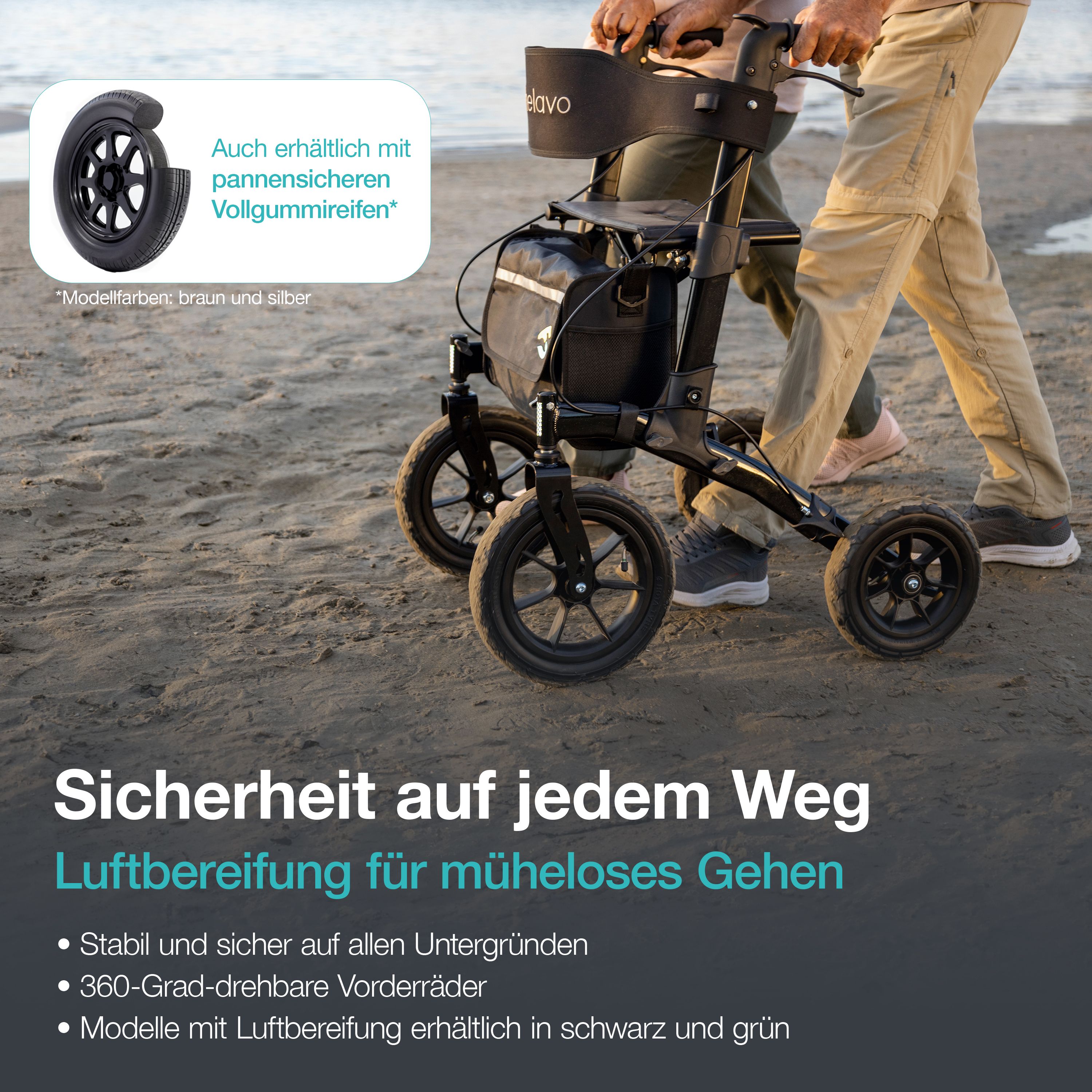 Rollator con pneumatici gonfiabili sulla spiaggia, con opzione pneumatici antiforatura.