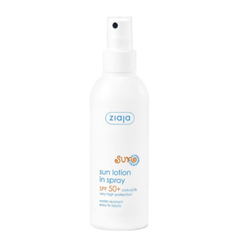 Flacone spray bianco con logo Ziaja e scritta SPF 50+. Nome prodotto: Sun Lotion in Spray.