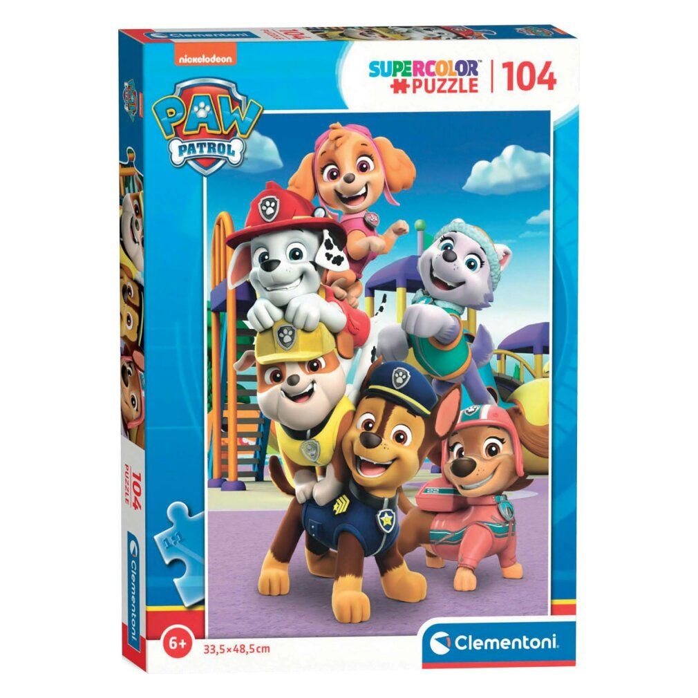 Puzzle Clementoni Paw Patrol, 104 pezzi. Confezione con motivo Paw Patrol. Età consigliata 6+.