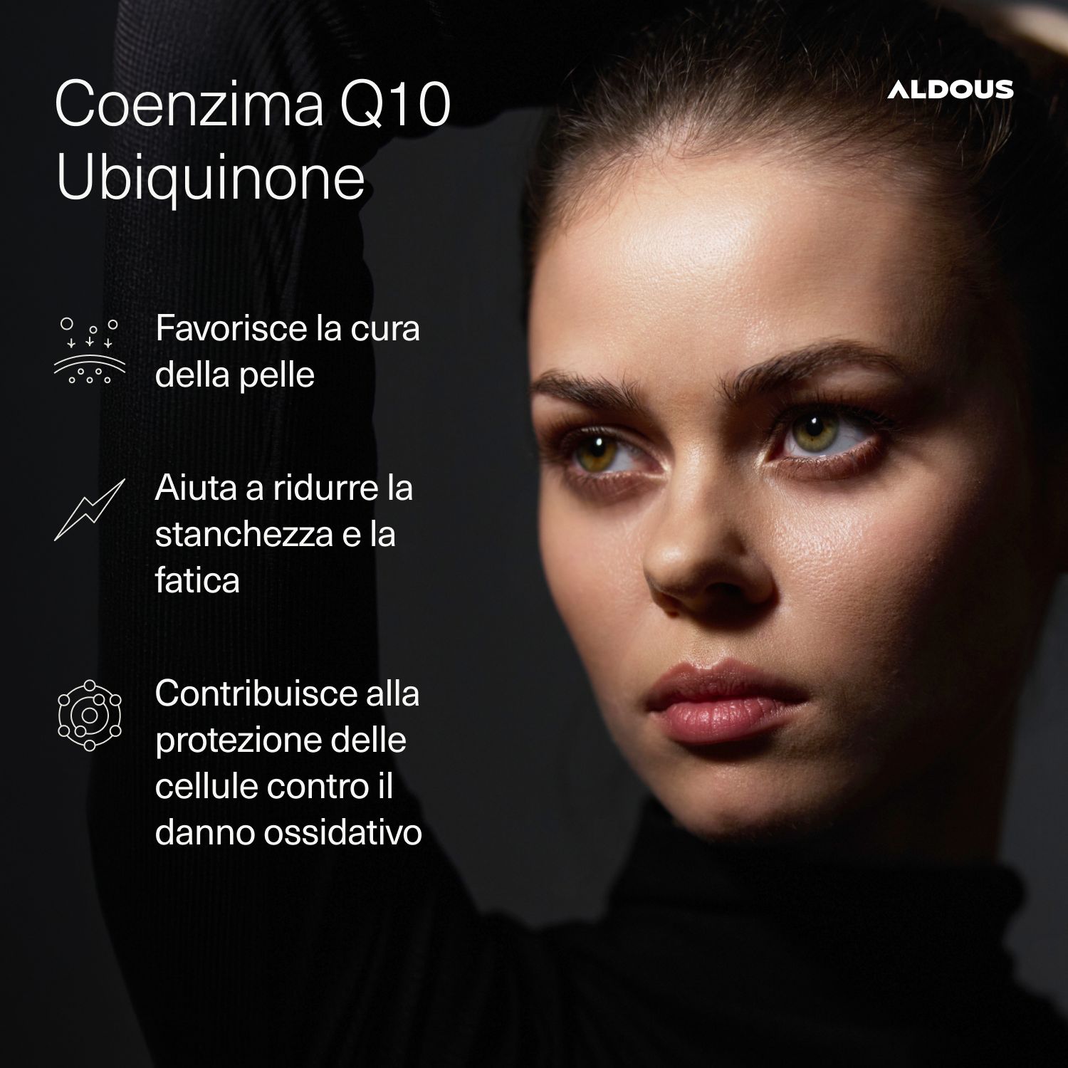 Ritratto di donna con testo su Coenzima Q10 Ubichinone: cura pelle, stanchezza, protezione cellulare.
