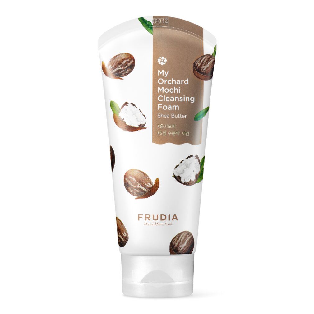 Tubo di schiuma detergente per il viso. Scritta: My Orchard Mochi Cleansing Foam Shea Butter. Marchio: Frudia.