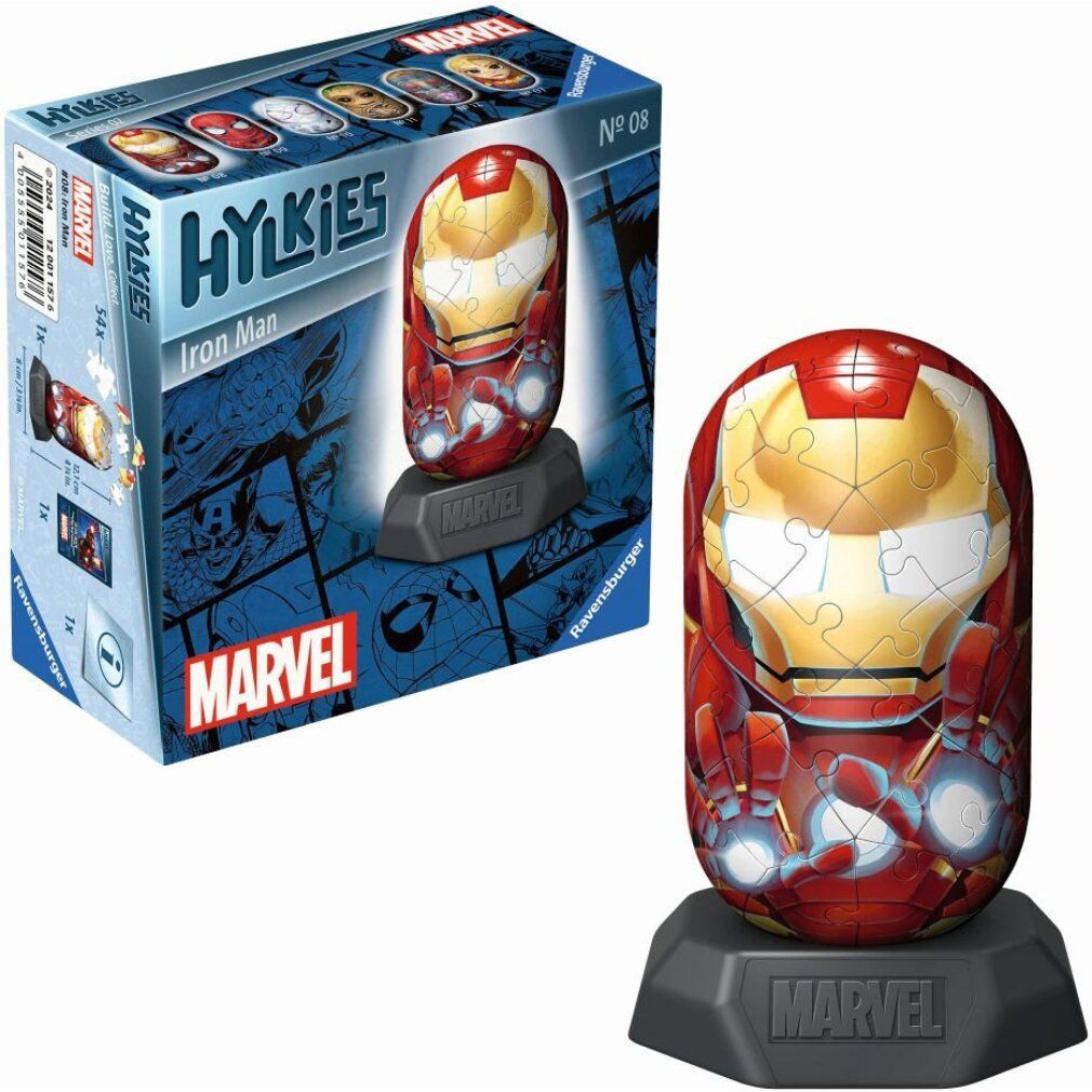 Puzzle 3D Iron Man su base, accanto alla confezione. La confezione mostra il puzzle e altri personaggi. Loghi Marvel e Hylkies.