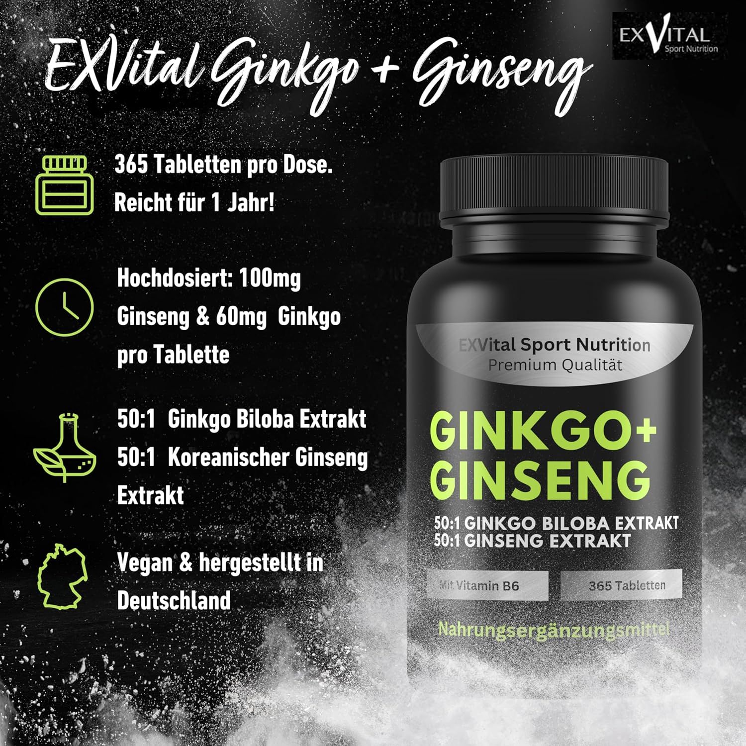 Flacone nero con compresse. Scritta: EXVital Ginkgo + Ginseng, 365 compresse. Vegano, prodotto in Germania.