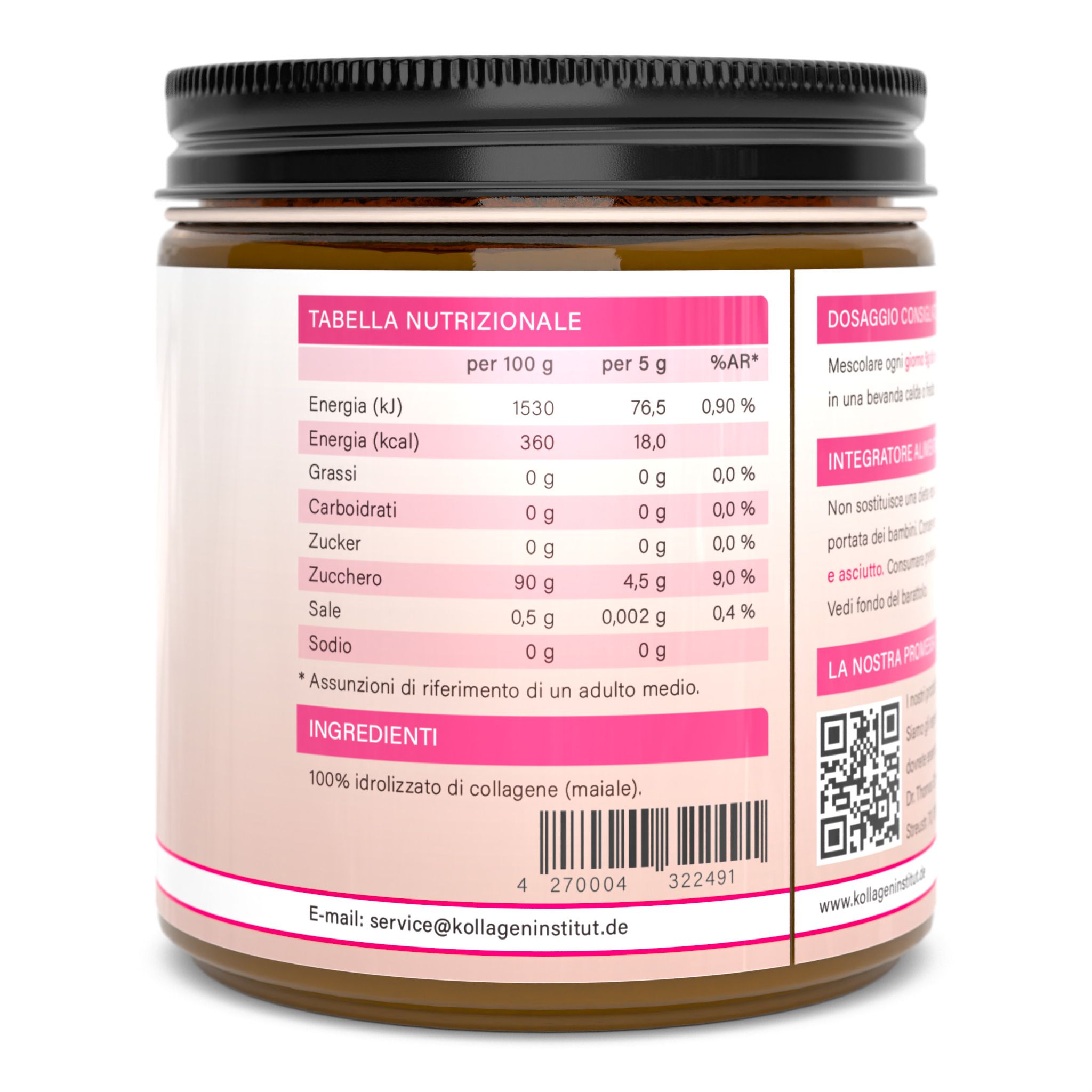 Retro di un barattolo di polvere di collagene. Etichetta rosa con tabella nutrizionale, ingredienti, codice QR e informazioni di contatto.