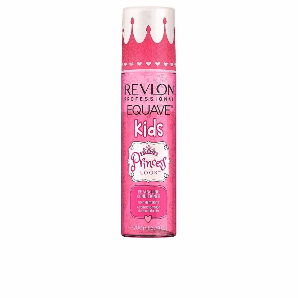 Flacone rosa con tappo bianco. Scritta: Revlon Equave Kids Princess Look Conditioner. 200ml.