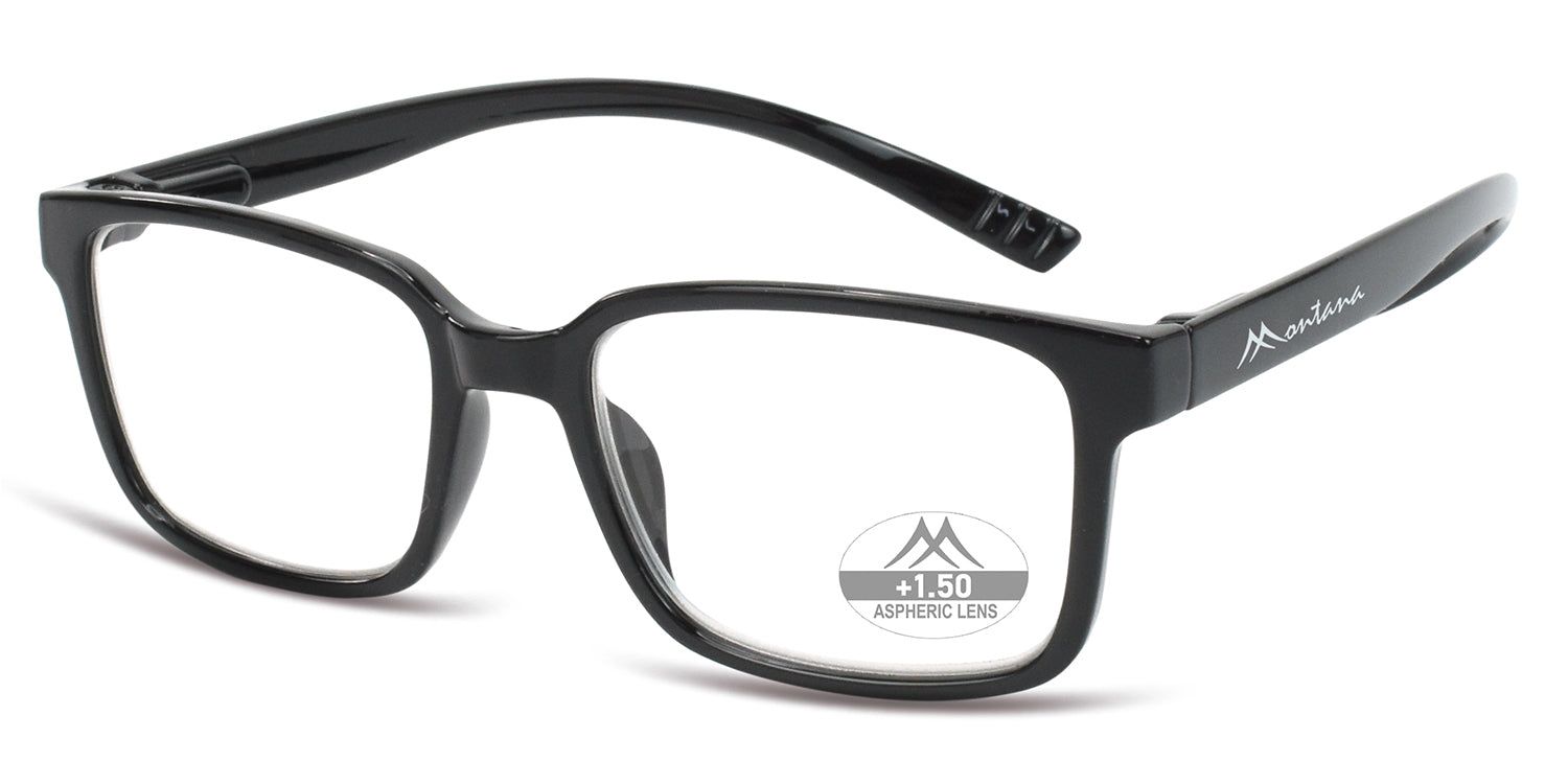 Occhiali neri con lenti rettangolari. Sulla stanghetta è scritto "Montana". Sul vetro destro "+1.50 ASPHERIC LENS".