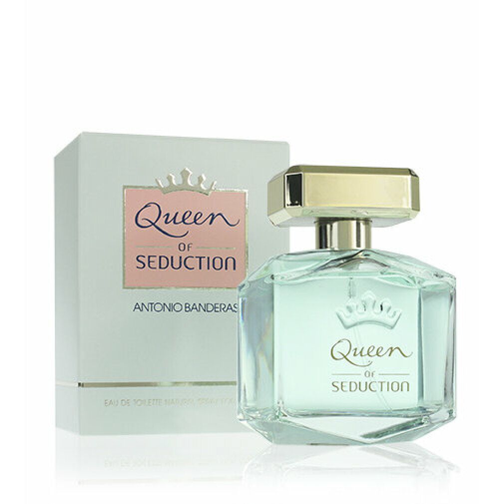 Flacone e confezione Antonio Banderas. Scritta: Queen of Seduction. Tappo dorato, profumo verde chiaro.