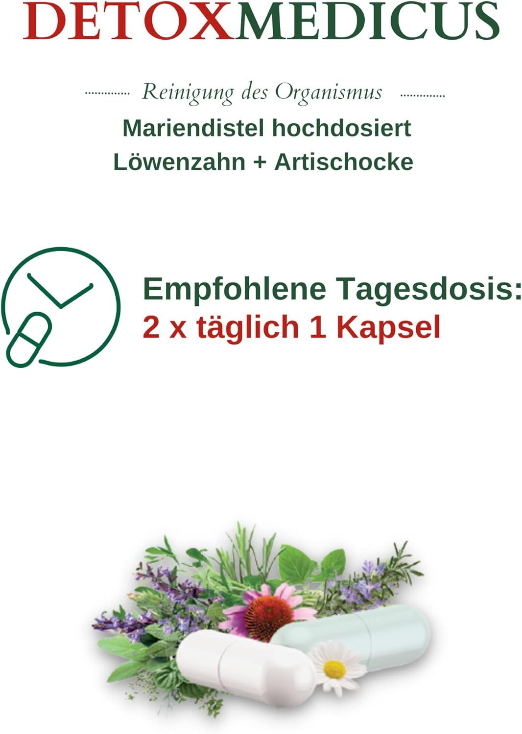 Testo con informazioni su Detox Medicus. Dose giornaliera raccomandata: 2 x 1 capsula al giorno. Capsule ed erbe.