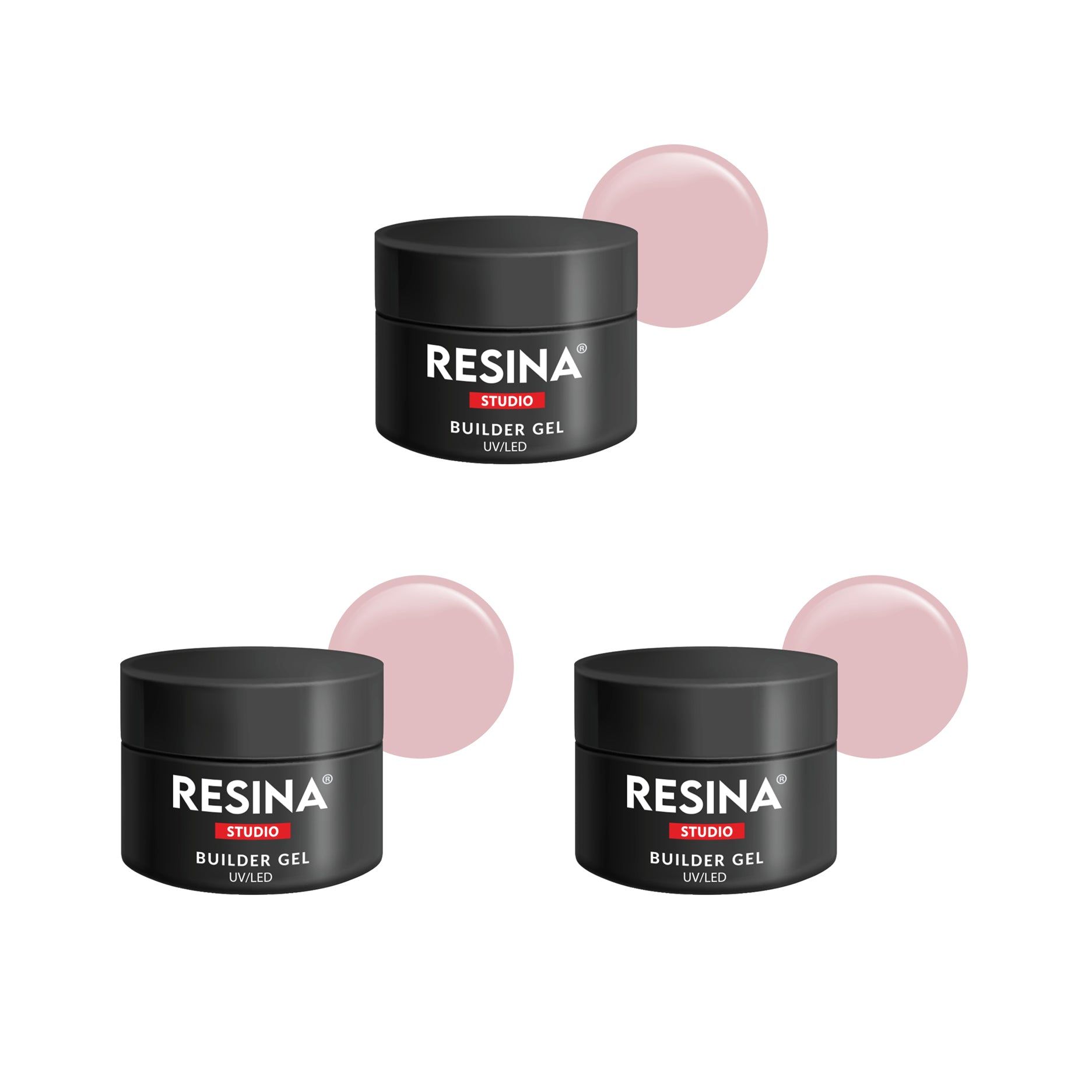 Tre vasetti neri con gel rosa e scritta RESINA STUDIO BUILDER GEL UV/LED. Accanto, campioni di gel rosa.