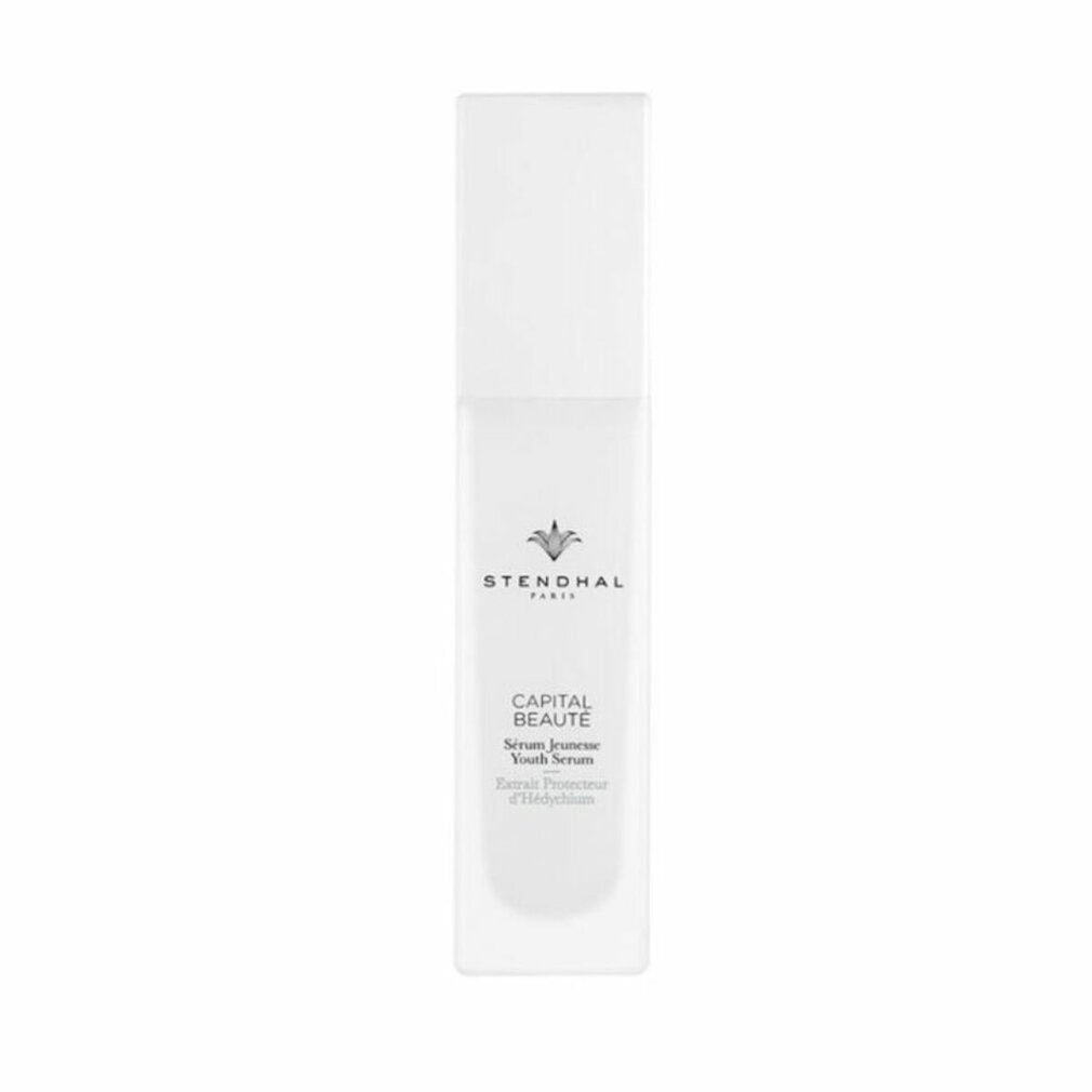 Flacone di siero bianco con Stendhal Paris, Capital Beaute, Serum Jeunesse. Forma rettangolare, tappo bianco.