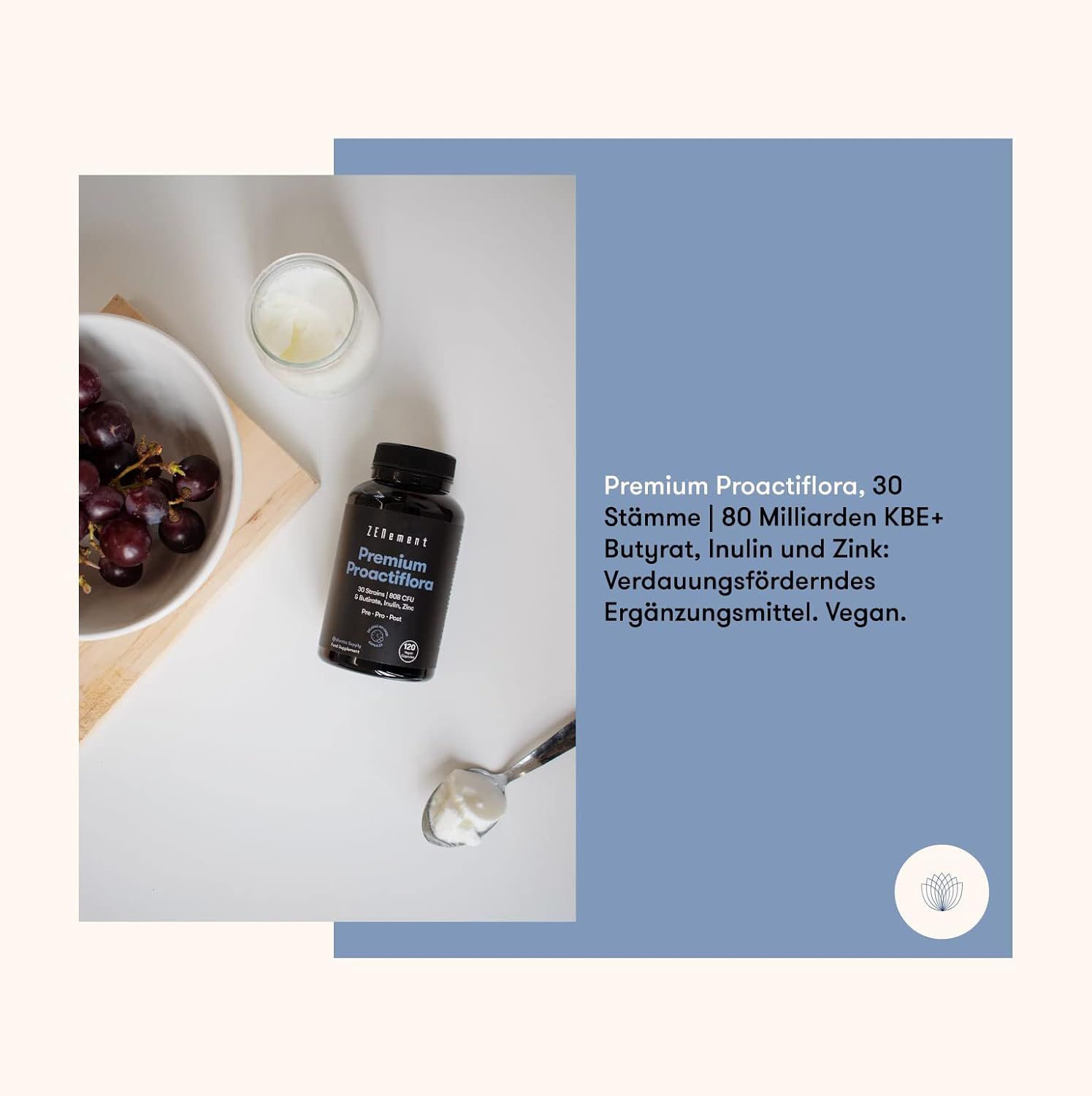 Flacone nero con capsule, accanto a una ciotola di uva e un bicchiere. Scritta: Premium Proactiflora.