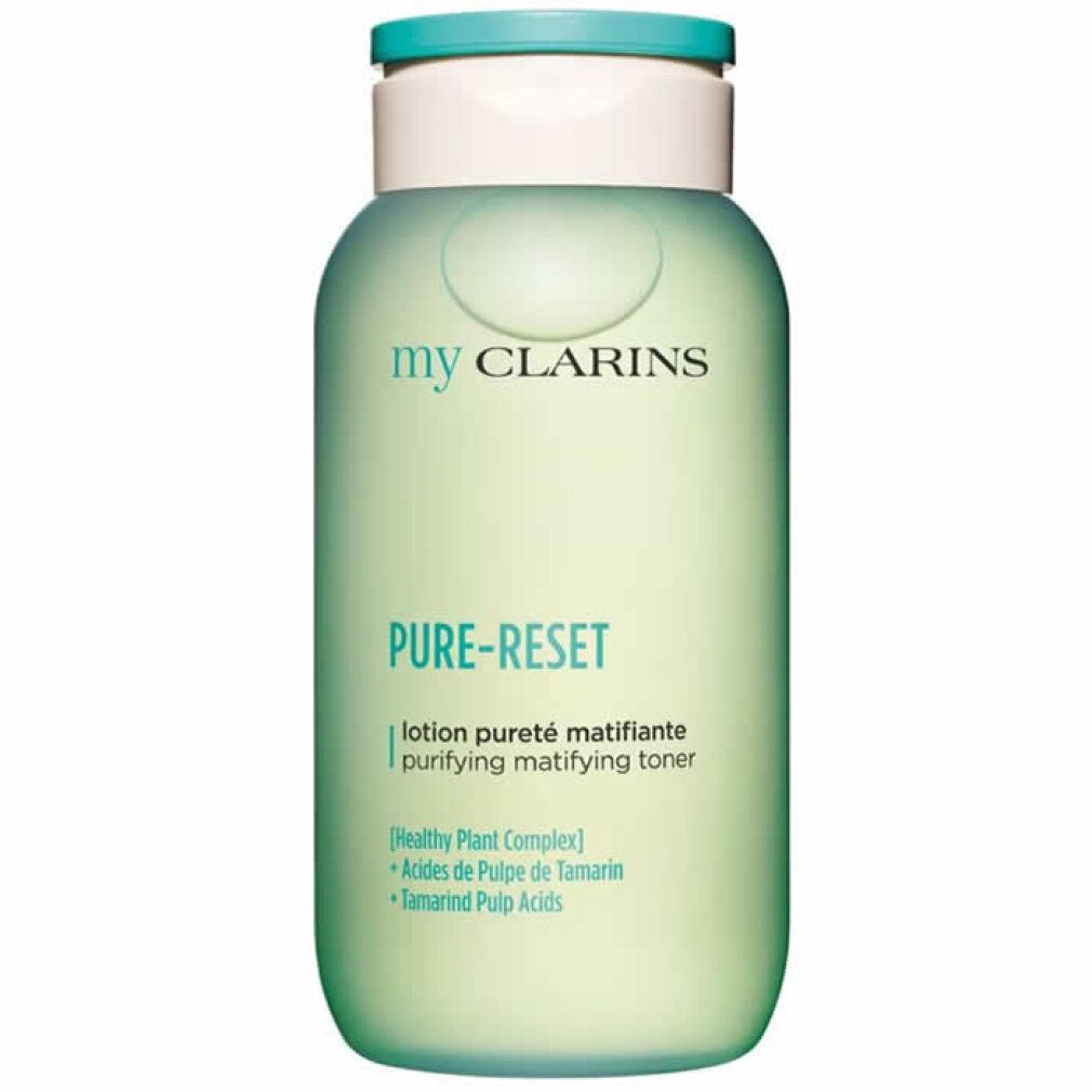 Flacone verde con tappo bianco. Scritta: My Clarins, Pure-Reset, lotion pureté matifiante, purifying matifying toner.