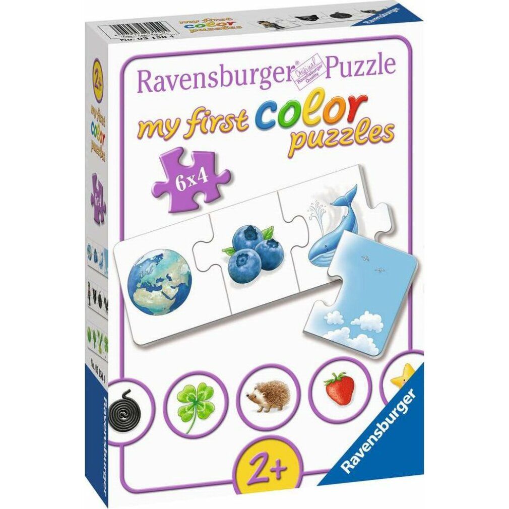 Scatola puzzle Ravensburger 'my first color puzzles'. Immagini di puzzle con Terra, mirtilli, balena e altri elementi.