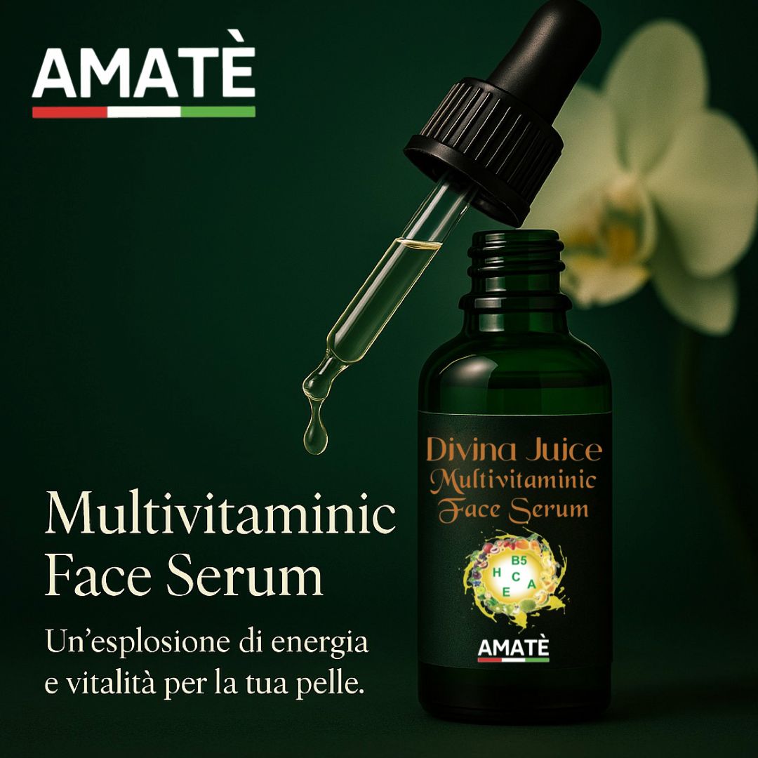 Flacone di vetro verde con contagocce. Scritta: Divina Juice Multivitaminic Face Serum. Logo: Amatè.
