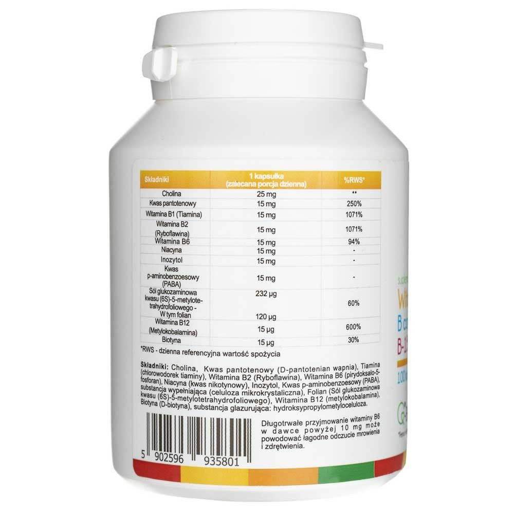 Retro di un barattolo Aliness Vitamina B Komplex B-15 Methyl con informazioni nutrizionali.