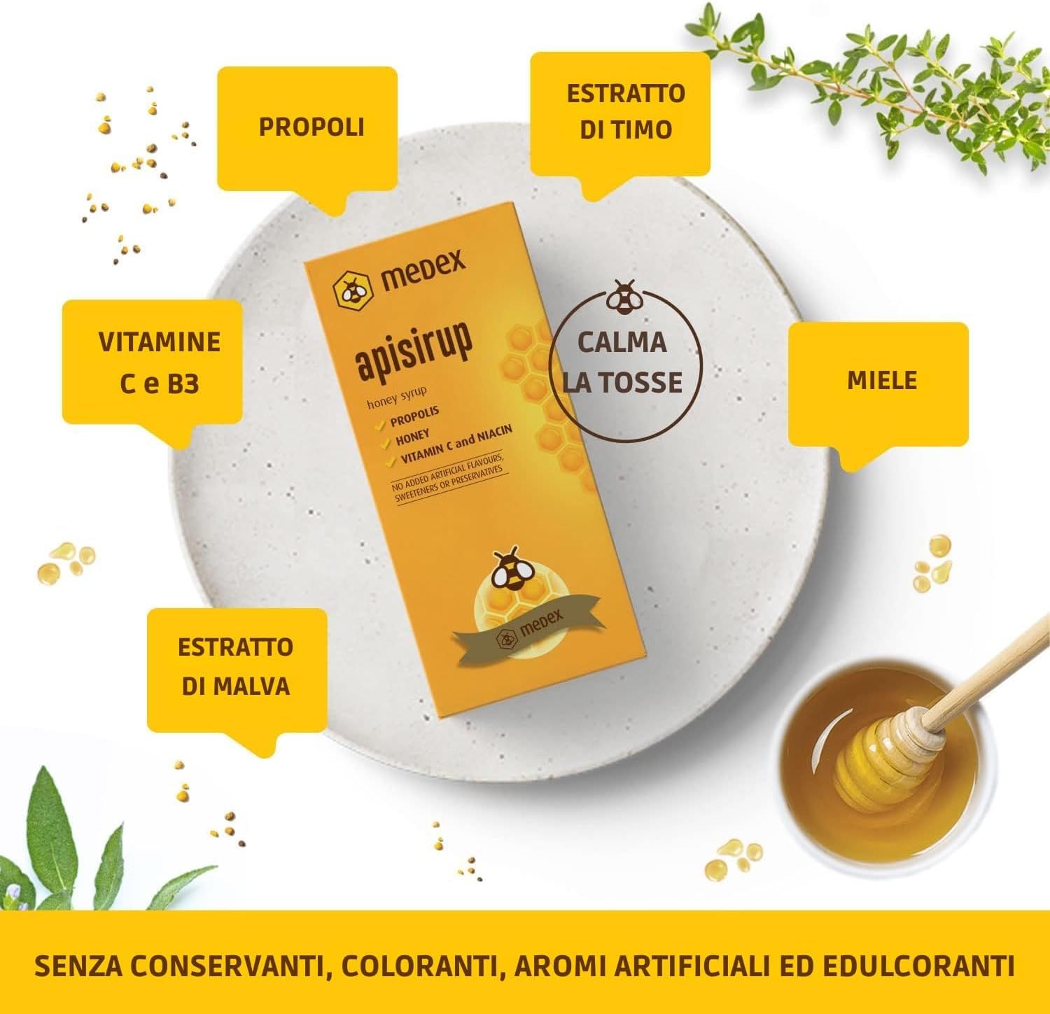 Medex Apisirup, bottiglia e scatola. Sul piatto: propoli, estratto di timo, vitamina C, estratto di malva e miele.