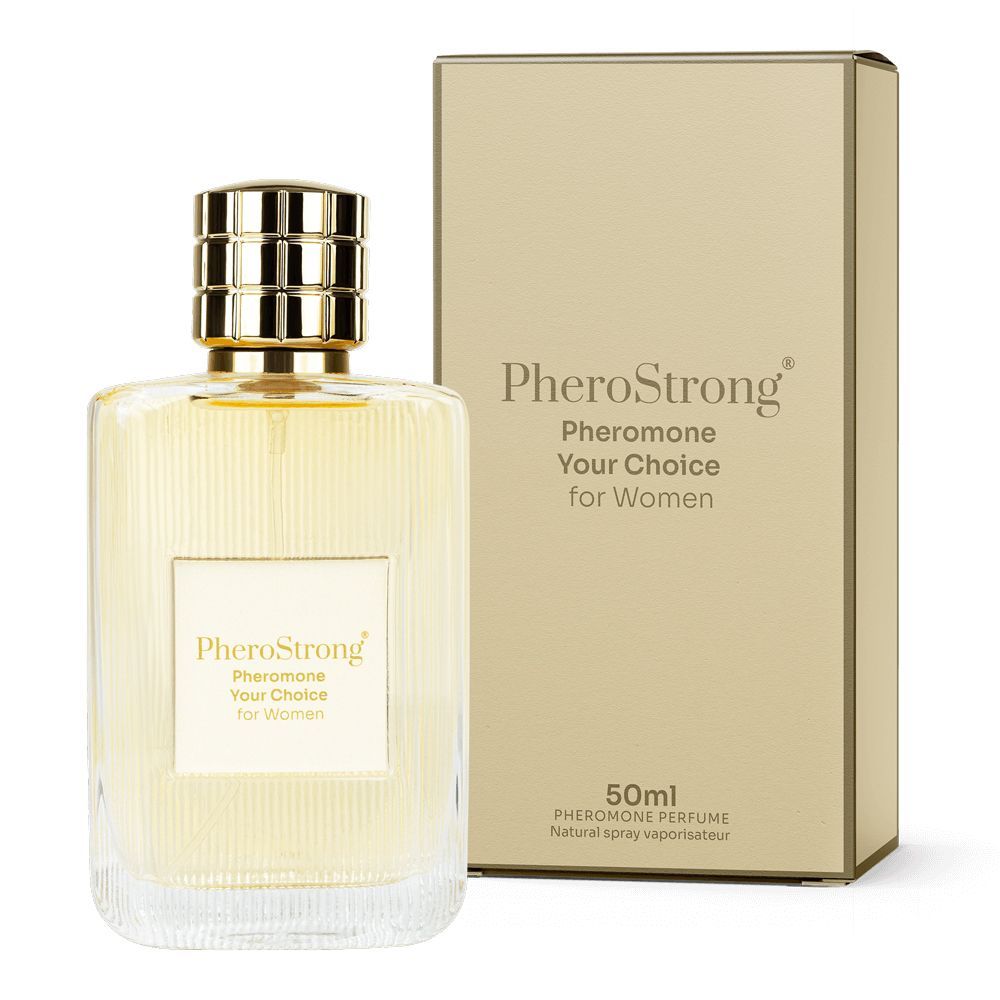 PheroStrong Profumo Feromoni per Donne, flacone da 50ml con tappo dorato e confezione abbinata.