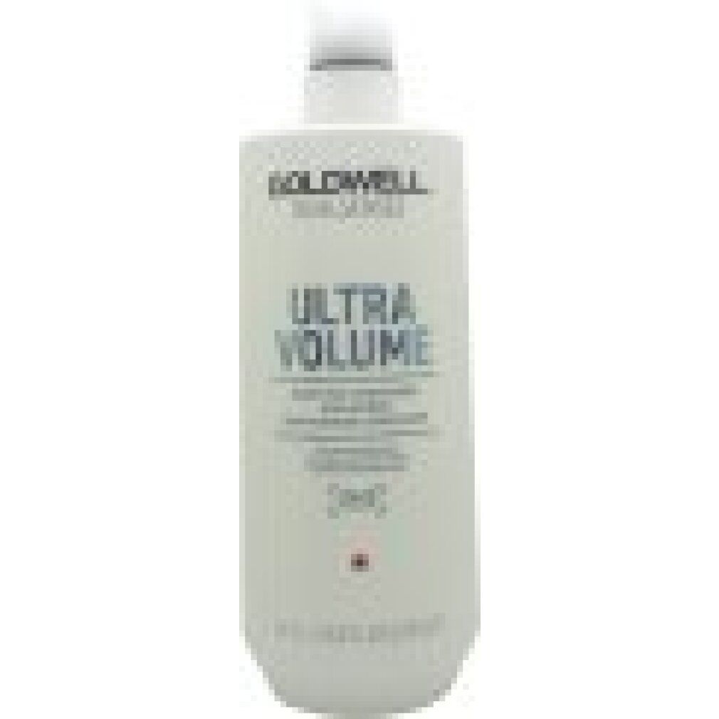 Flacone bianco con pompa. Scritta: GOLDWELL DUALSENSES ULTRA VOLUME. Testo in inglese, francese e tedesco. 1L.