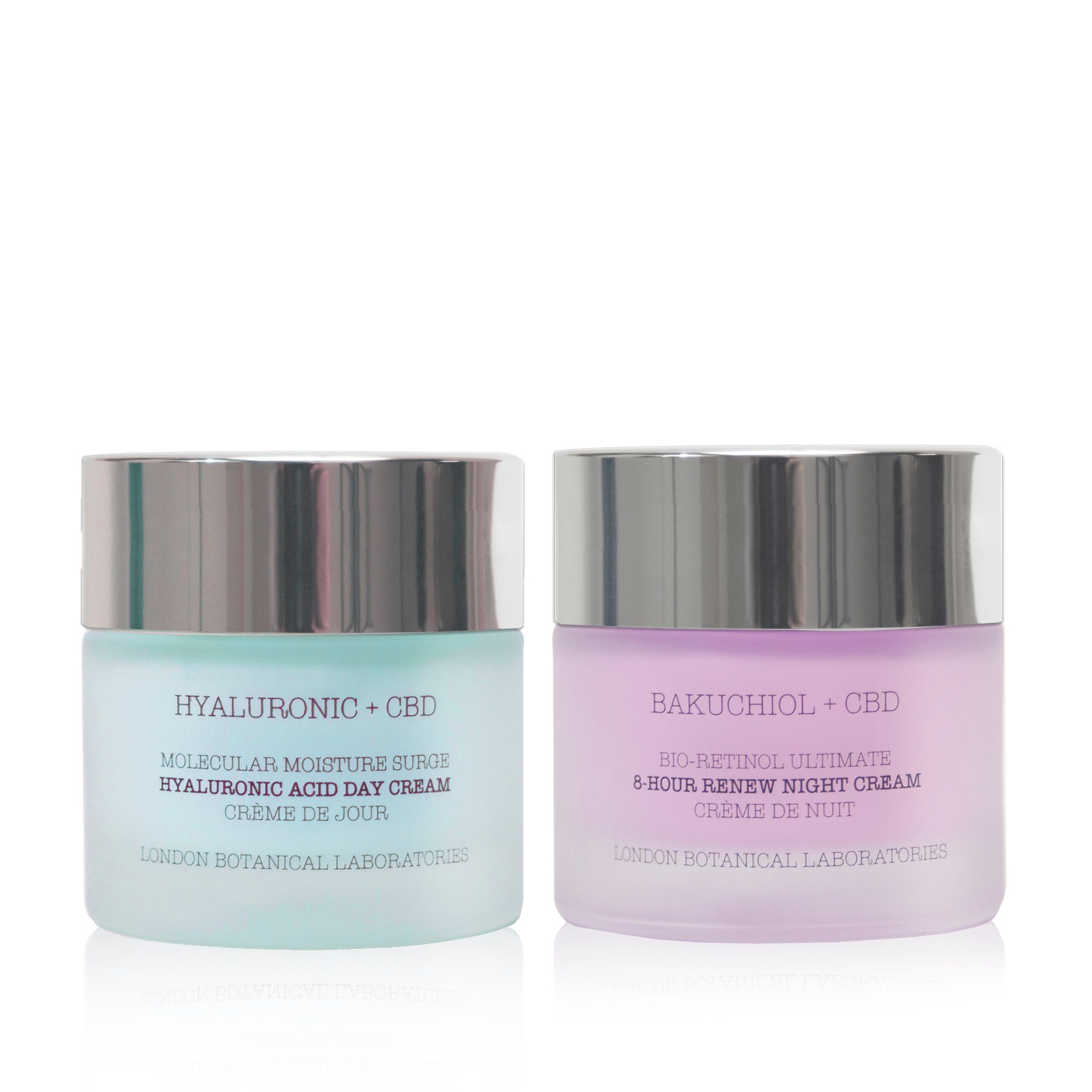 Due vasetti di crema con coperchi argentati. A sinistra: crema azzurra, scritta "Hyaluronic + CBD". A destra: crema rosa, scritta "Bakuchiol + CBD".