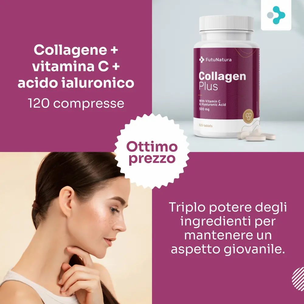 Flacone con compresse, testo: Collagene + vitamina C + acido ialuronico, 120 compresse. Donna.