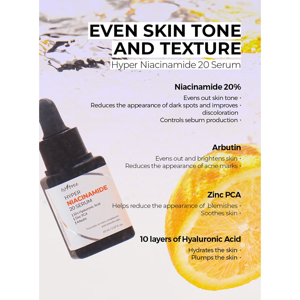 Flacone di siero con testo e limone. Testo: Even Skin Tone and Texture. Siero viso illuminante. Ingredienti: Niacinamide, Arbutina, Zinco PCA.