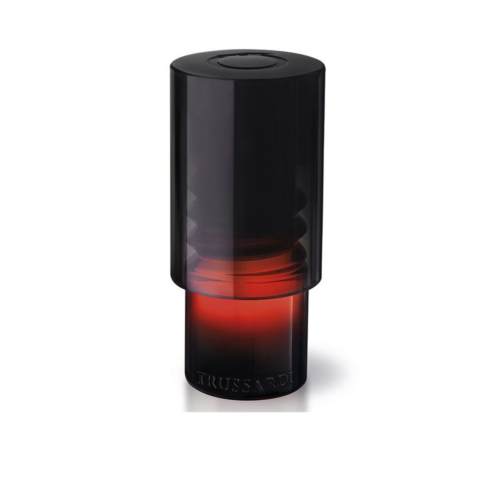 Flacone cilindrico nero e rosso. In basso, la scritta "TRUSSARDI".