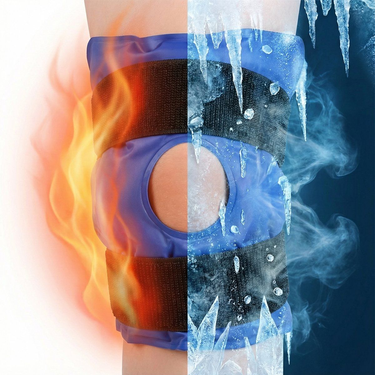 Ginocchiera blu con cinghie nere. Fiamme a sinistra, ghiaccio a destra. Per la terapia del caldo e del freddo.