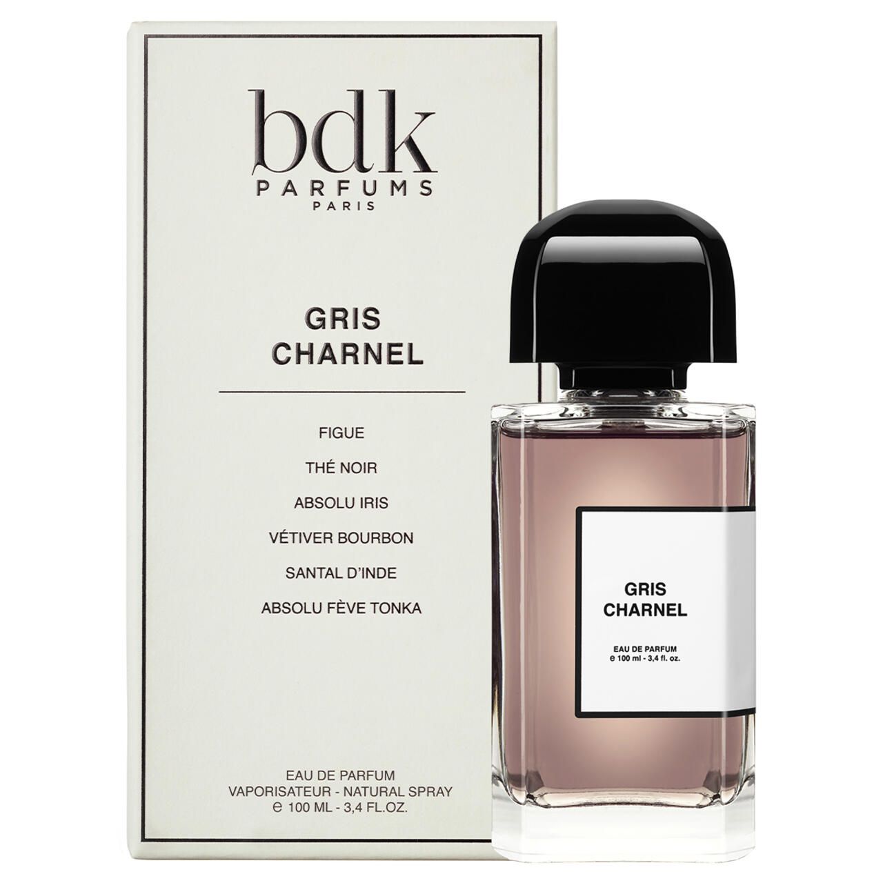 BDK Gris Charnel EdP Nat. Spray. Flacone e confezione. Flacone rettangolare con tappo nero. Confezione bianca con nome del prodotto.