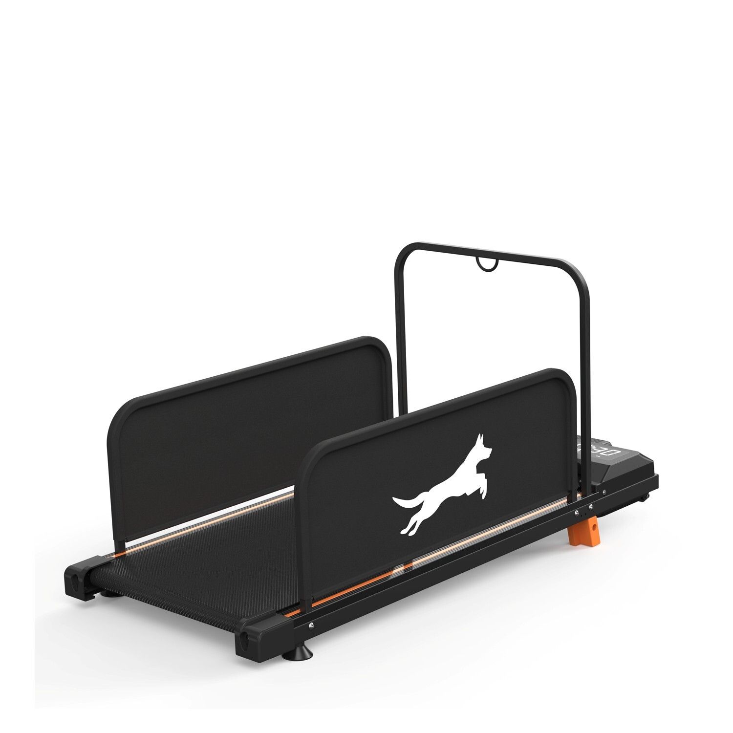 Tapis roulant nero per cani, protezioni laterali, maniglia. Display digitale.