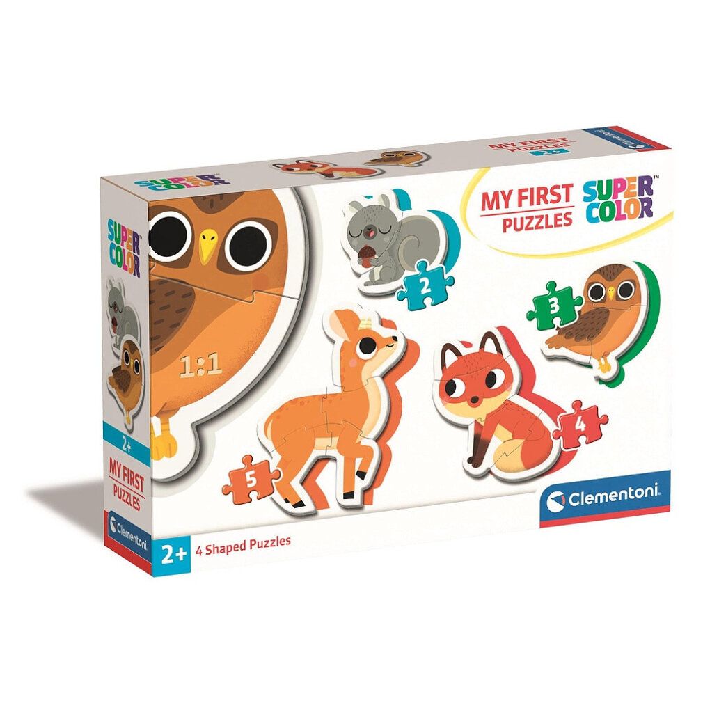 Confezione di Clementoni 'My First Super Color Puzzles' con animali del bosco: gufo, cerbiatto, volpe, koala e piccolo gufo.