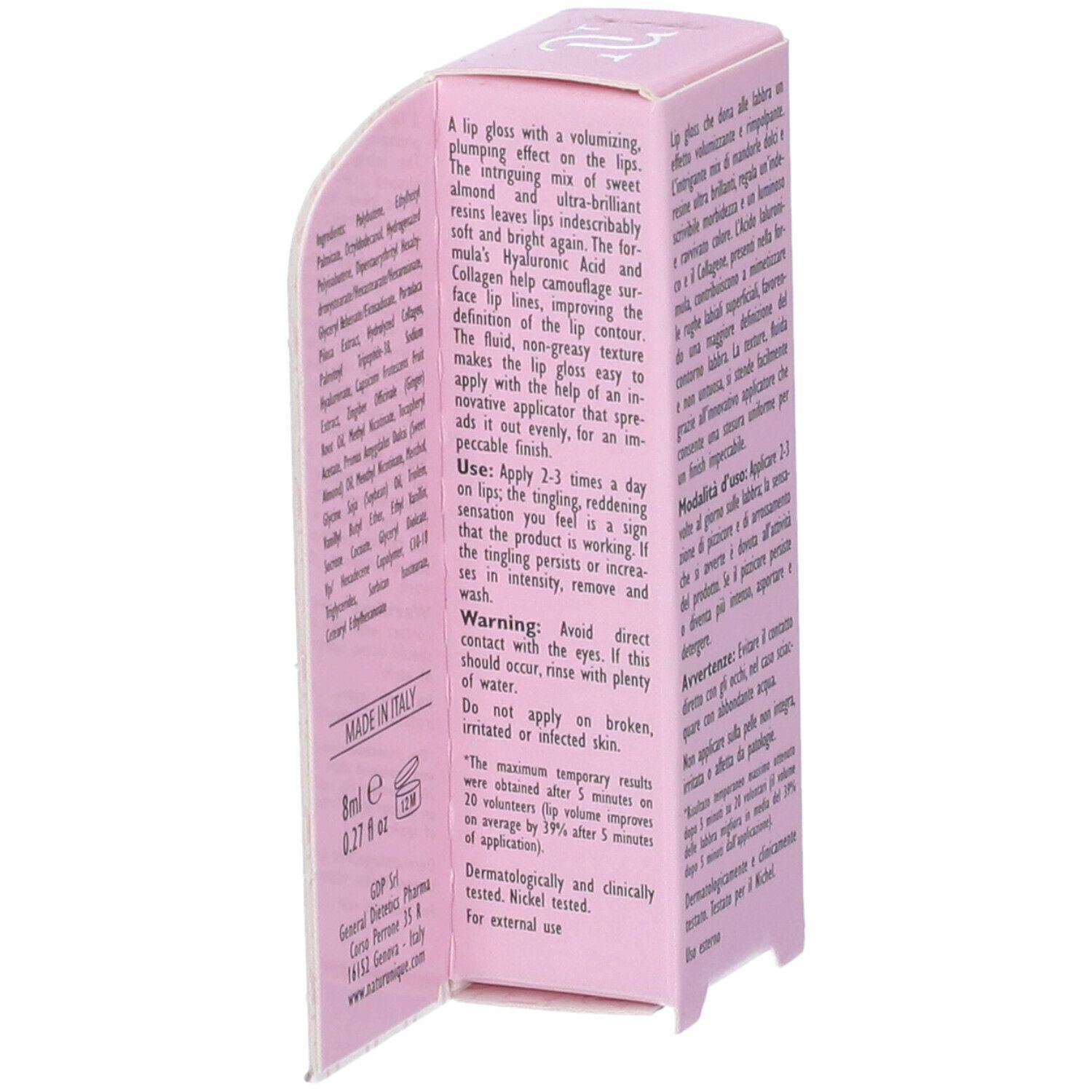Confezione rosa aperta. Ingredienti, modalità d'uso, avvertenze. Prodotto: Ialucollagen Lip Gloss Volume XXXL.