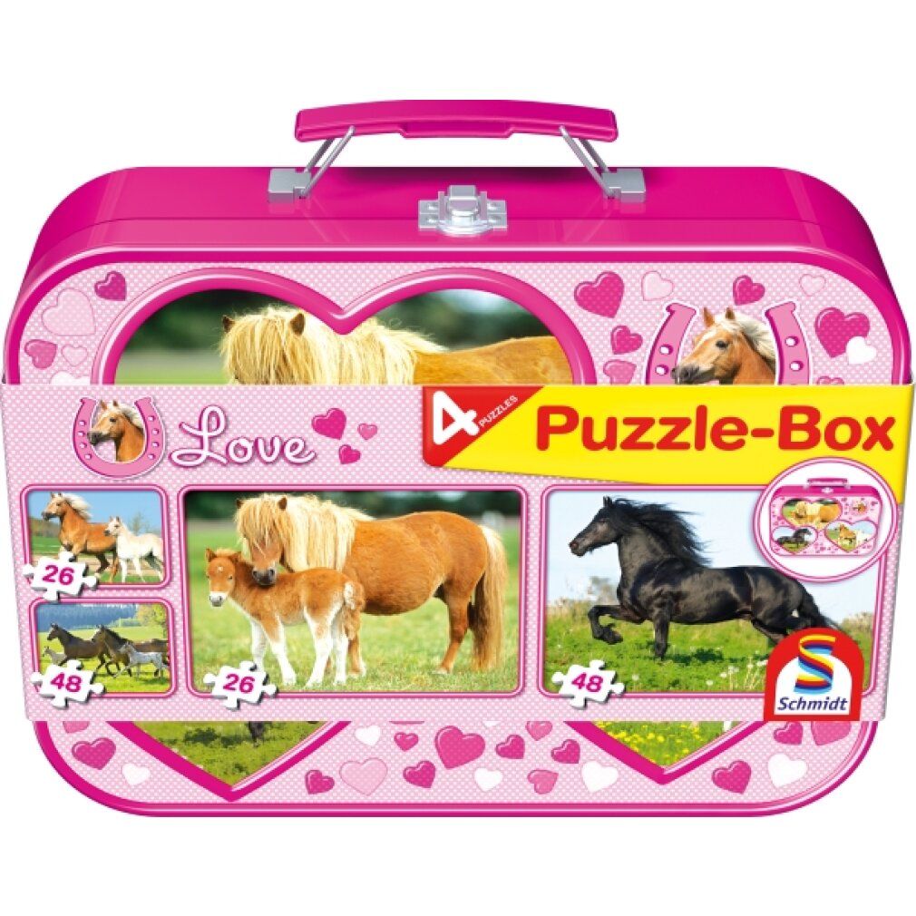 Valigetta in metallo rosa con puzzle. Immagini di cavalli a forma di cuore. Scritta: Puzzle-Box, Schmidt Spiele.