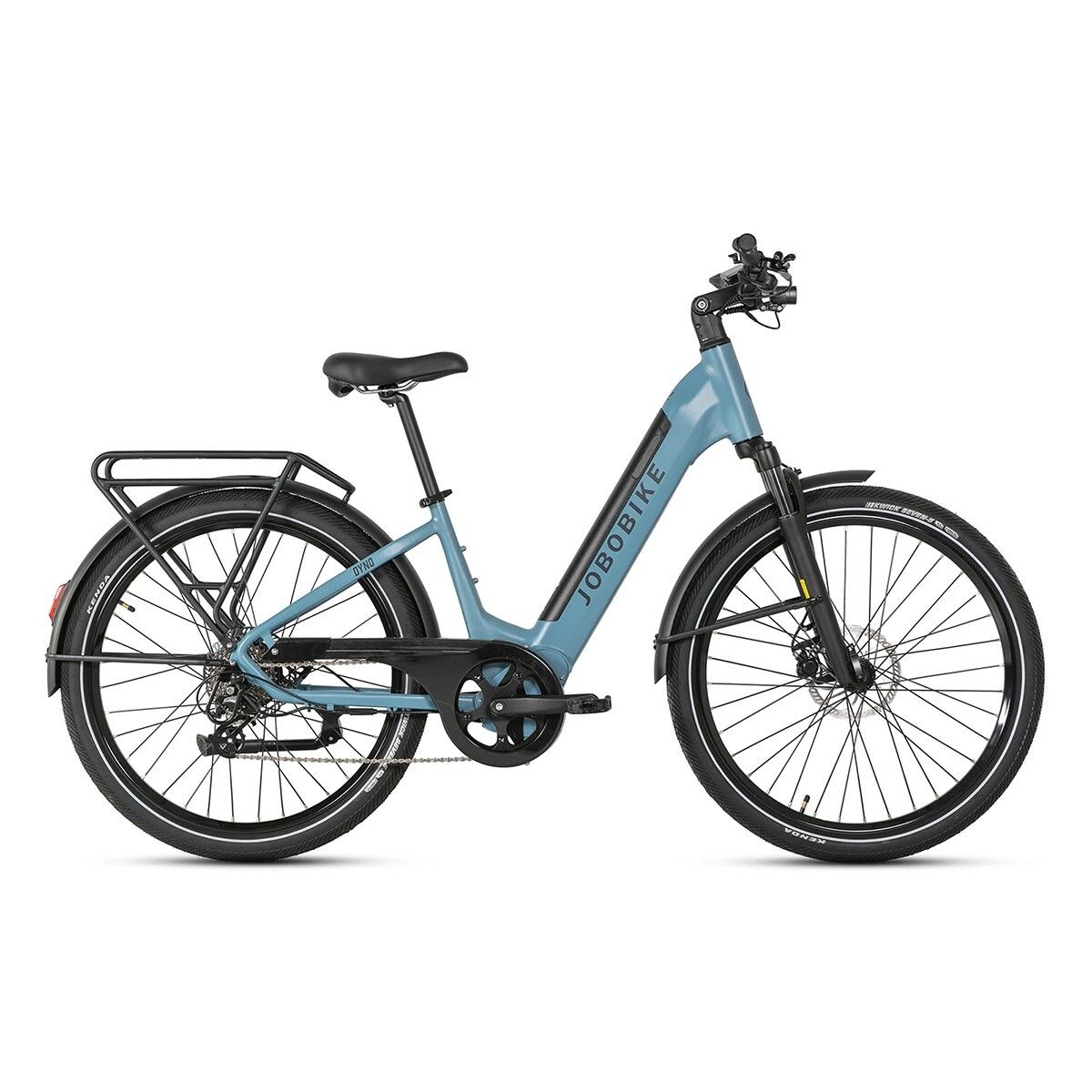 Bicicletta elettrica blu con portapacchi. Logo JOBOBIKE sul telaio. Parafanghi e pneumatici neri.