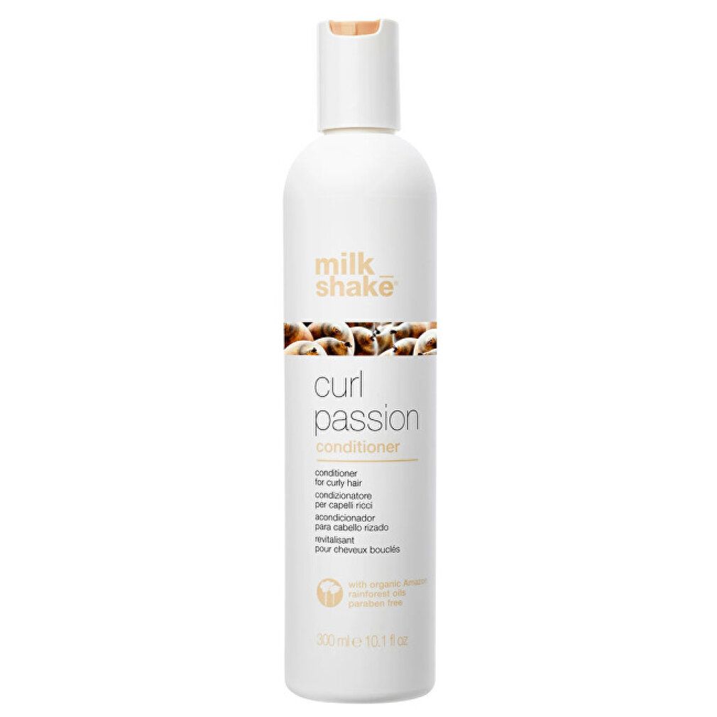 Flacone di balsamo. Scritta: Milk_shake, Curl Passion Conditioner. Per capelli ricci. 300ml.