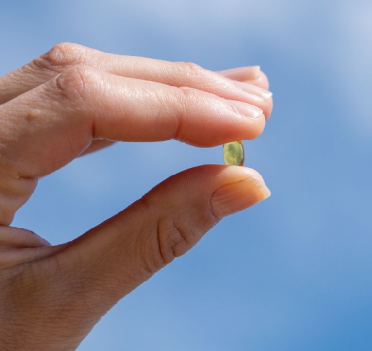Pollice e indice tengono un singolo Aavalabs Vitamina D3 Softgel.