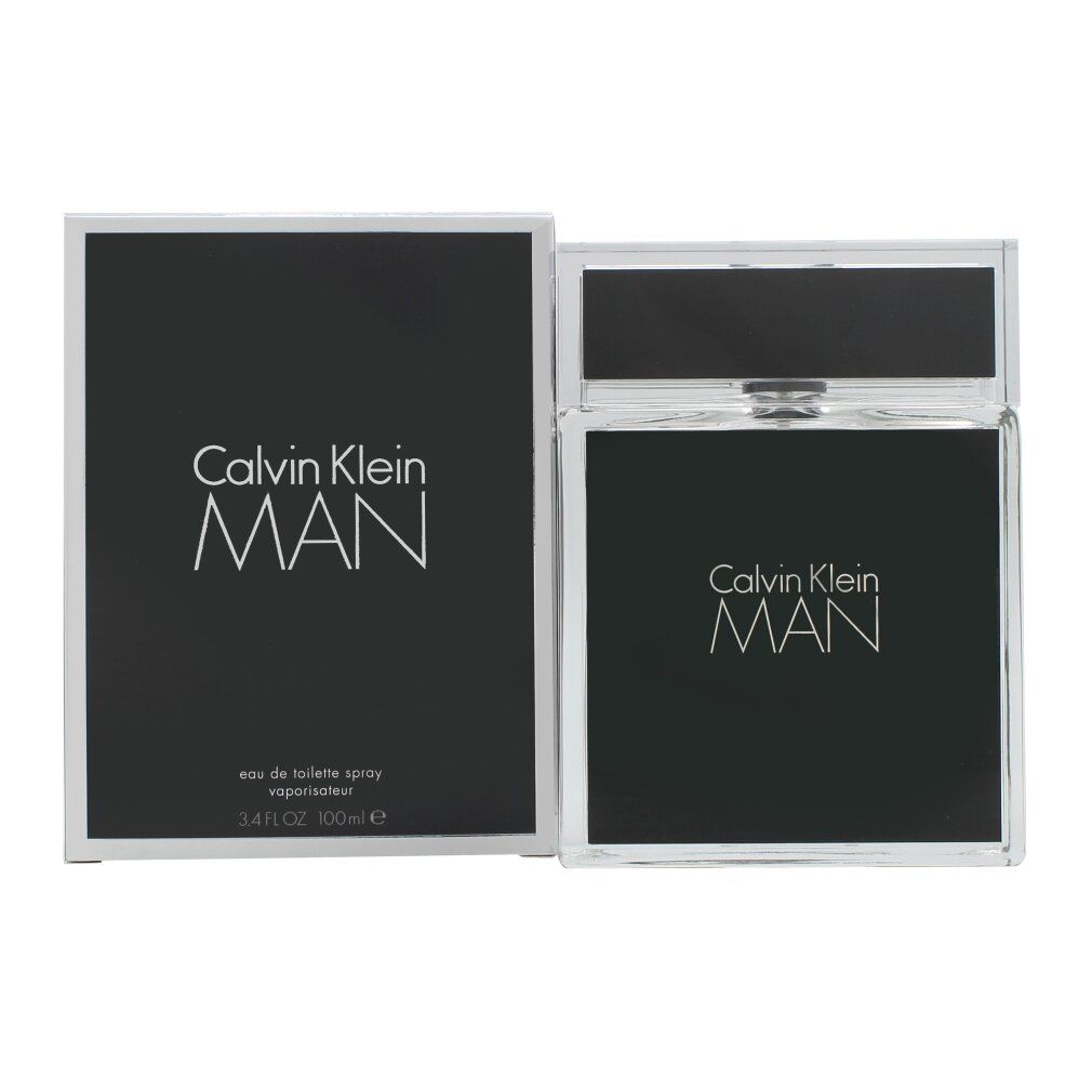 Scatola e flacone neri. Scritta Calvin Klein MAN. Flacone con tappo argentato.