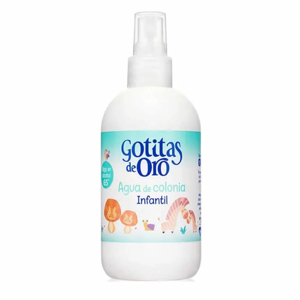 Flacone bianco con vaporizzatore. Etichetta con nome del prodotto e illustrazioni di animali. Scritta: Agua de colonia Infantil.